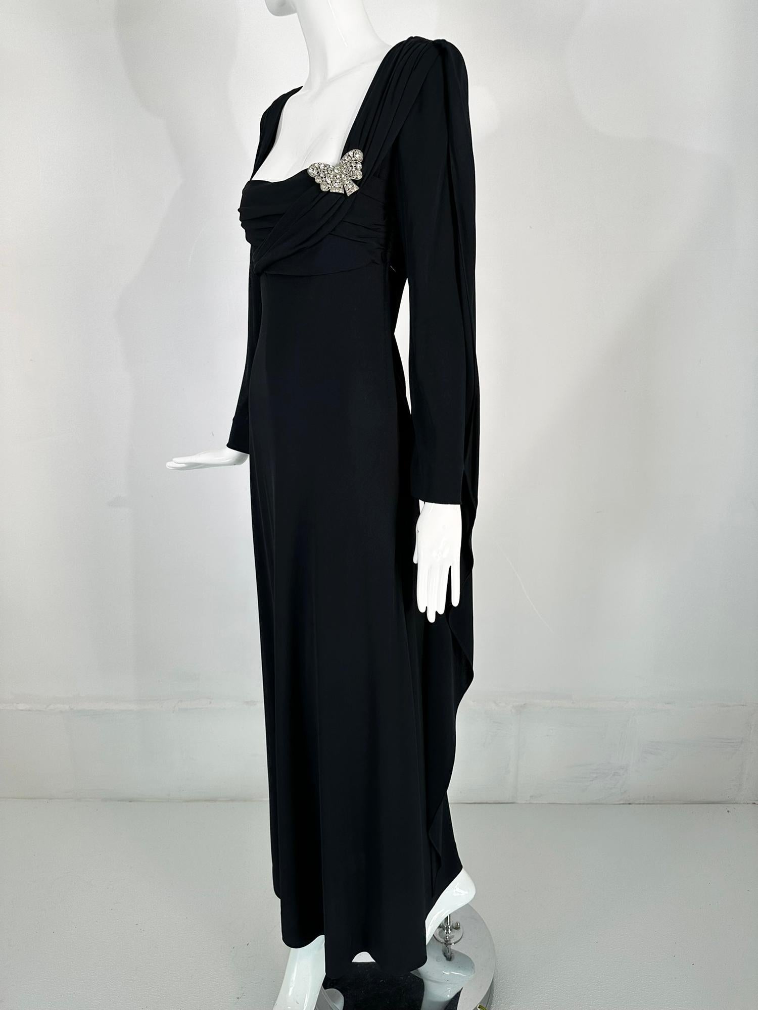 1940s Couture Old Hollywood Silky Black Jersey Shoulder drape Evening Gown  8