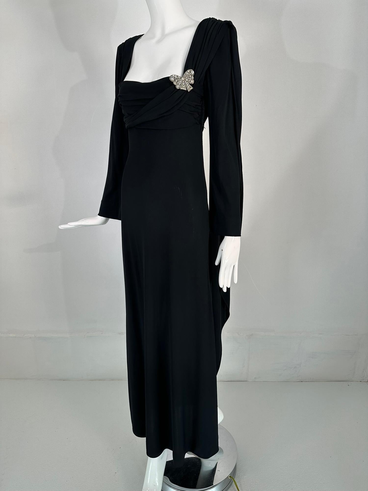 1940s Couture Old Hollywood Silky Black Jersey Shoulder drape Evening Gown  9
