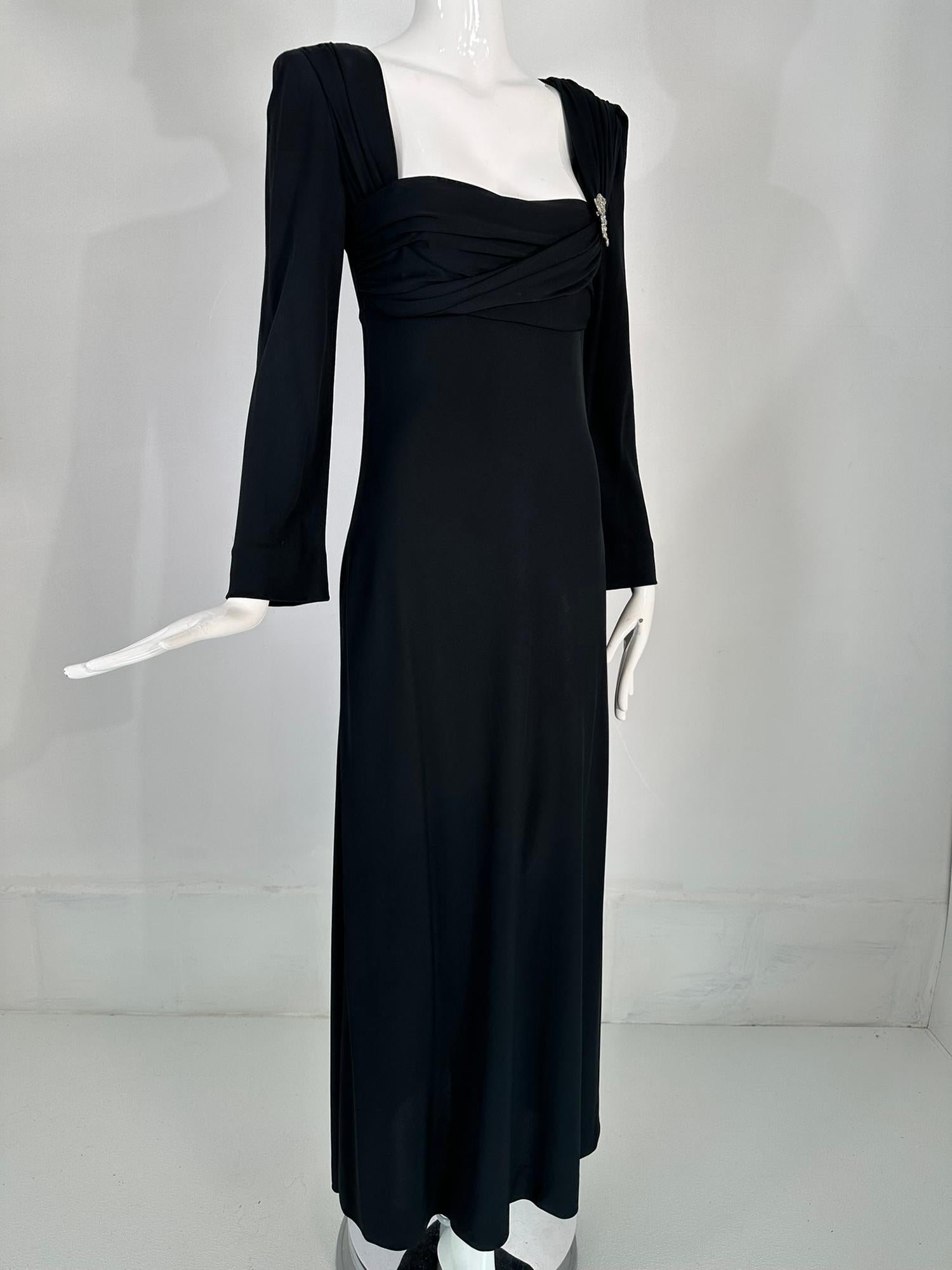  Early 1940s Custom made, old Hollywood silky black Jersey gown with shoulder drape. Couture quality, this gown is sleek & modern the fabric is a weighty matte jersey that drapes beautifully. Low and wide square front neckline dress with a high