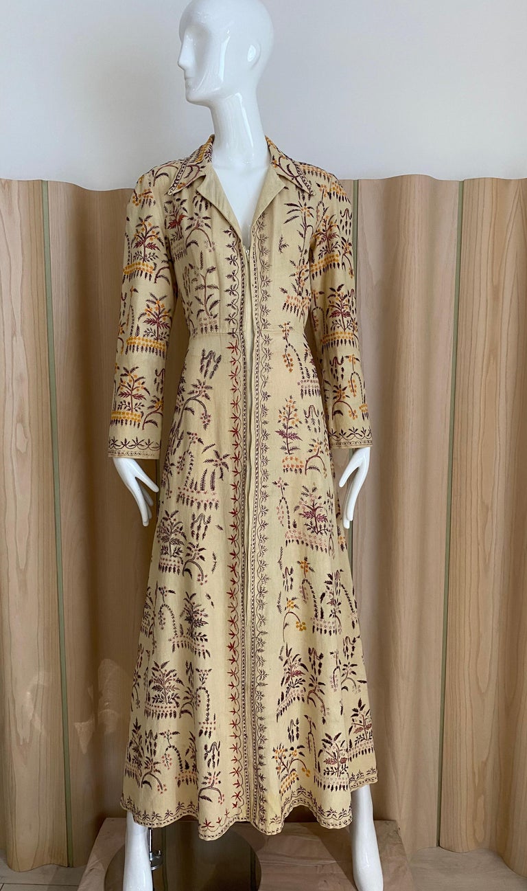 Brown 1940s  Cream Embroidered Cotton Coat Dress 