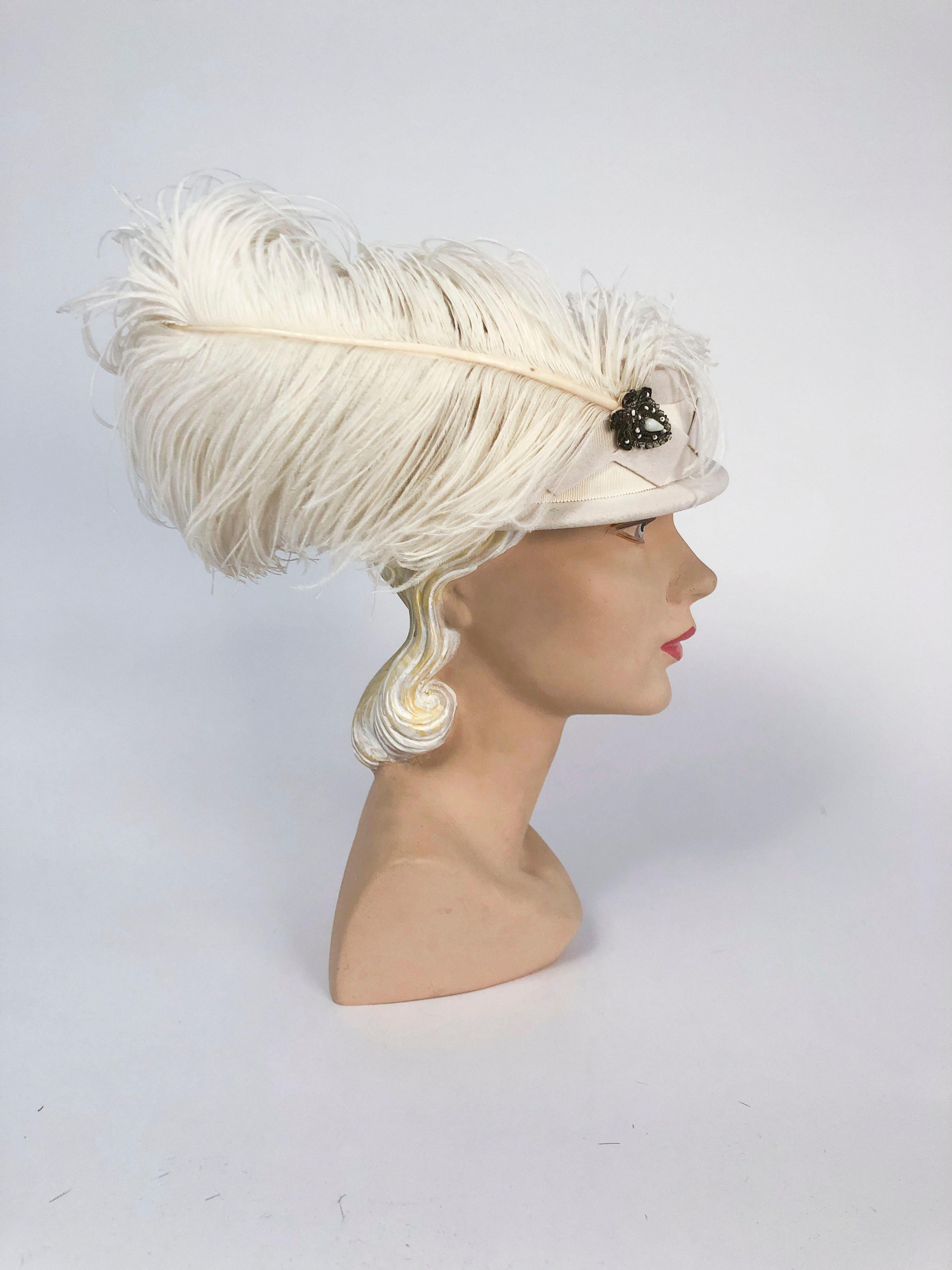 Gray 1940s Cream Fur Felt Hat with Wide Hat Band, Diamond Applique and Curled Feather