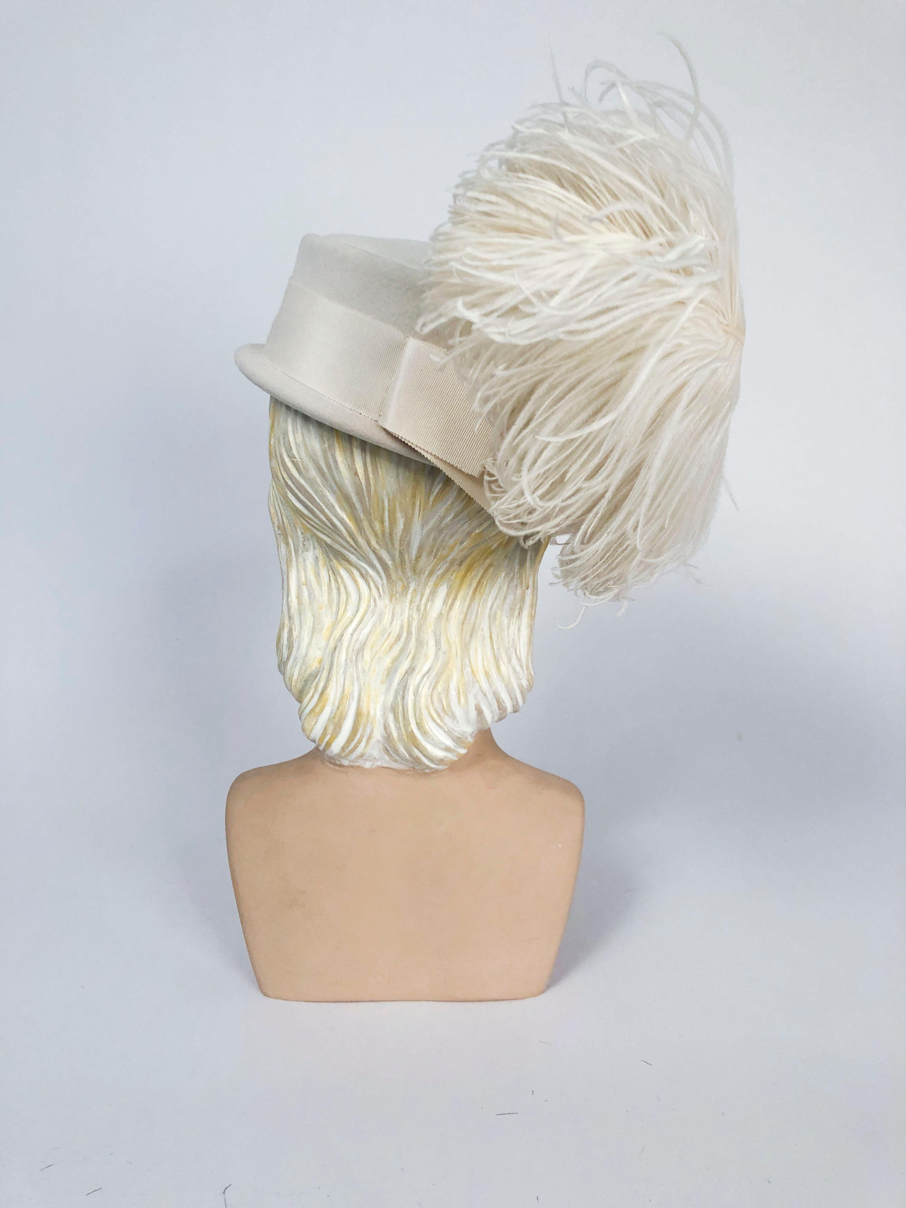 1940s Cream Fur Felt Hat with Wide Hat Band, Diamond Applique and Curled Feather 1
