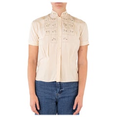 1940S Cream Hand Embroidered Silk Short Sleeve Shirt With Playful Horses