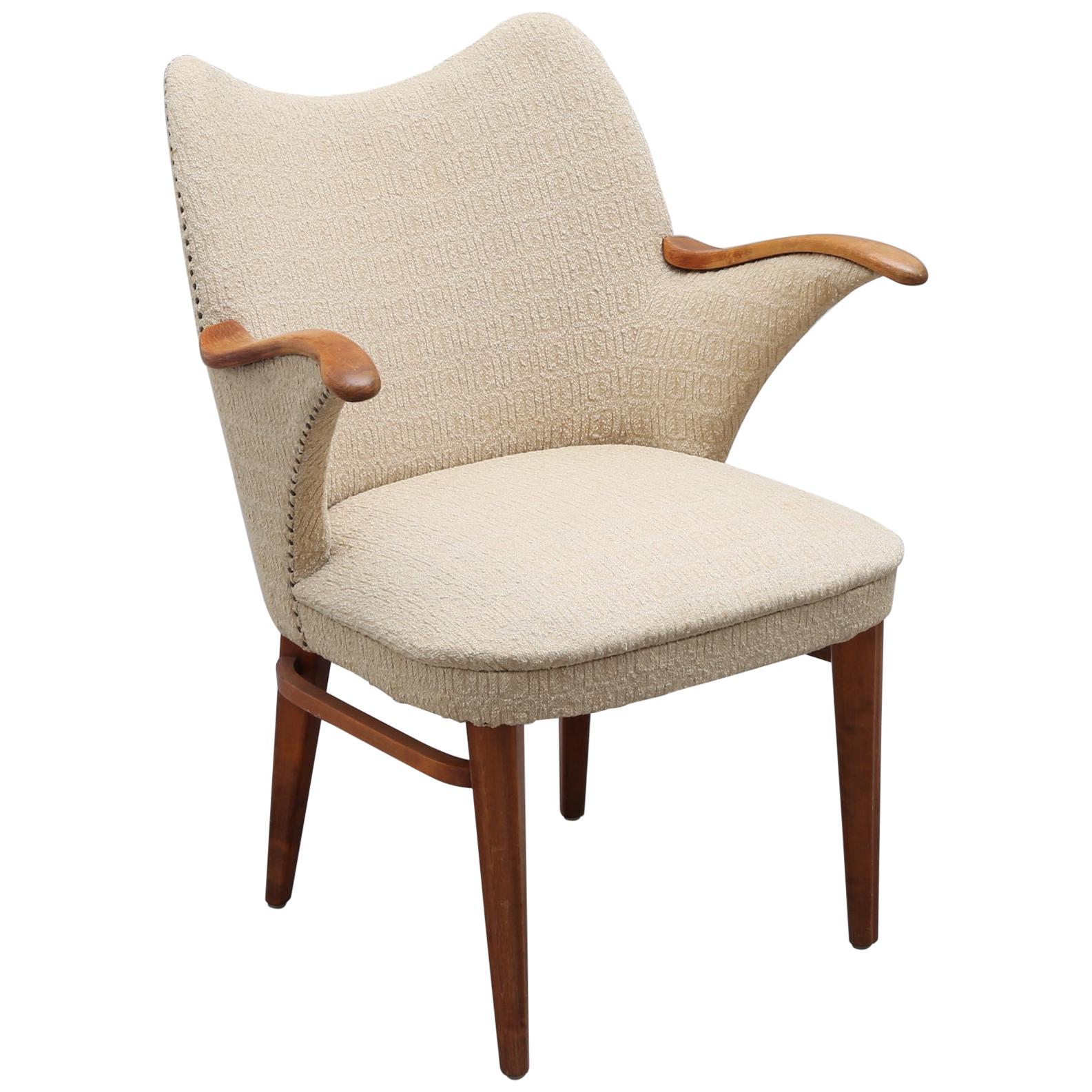 1940s Cream Midcentury Armchair or Side Chair with Exposed Wood Arms