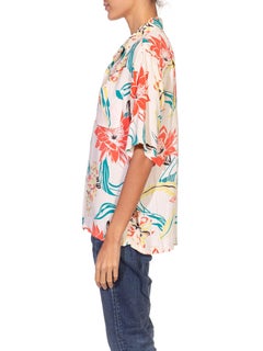 1940S Cream & Orange Silk Blend Hawaiian Print Shirt Made In Hawaii