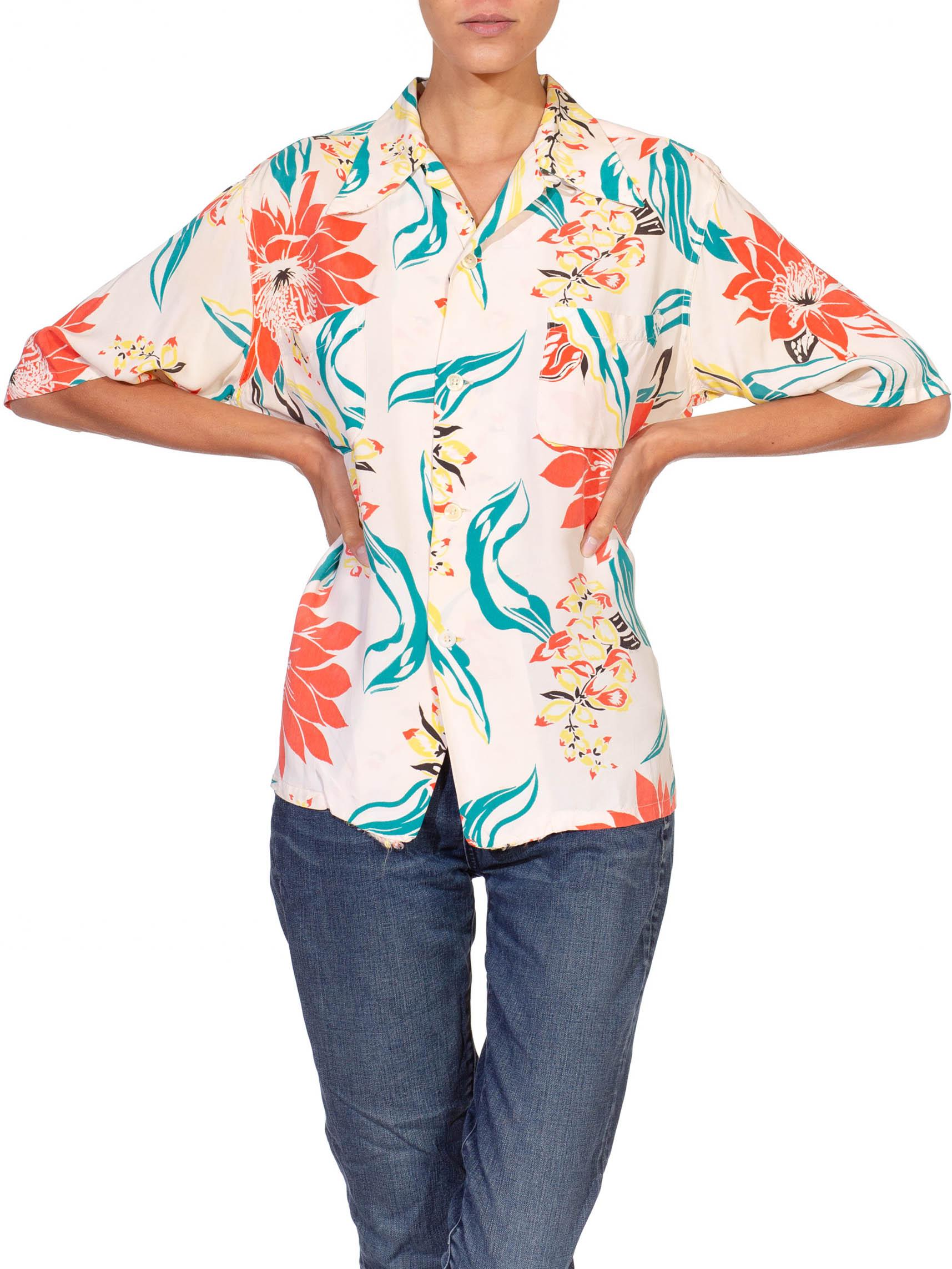1940S Cream & Orange Silk Blend Hawaiian Print Shirt Made In Hawaii For Sale 1