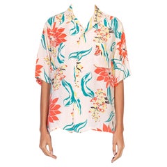 Camicia con stampa hawaiana degli anni '40 in misto seta color crema e arancione Made In Hawaii