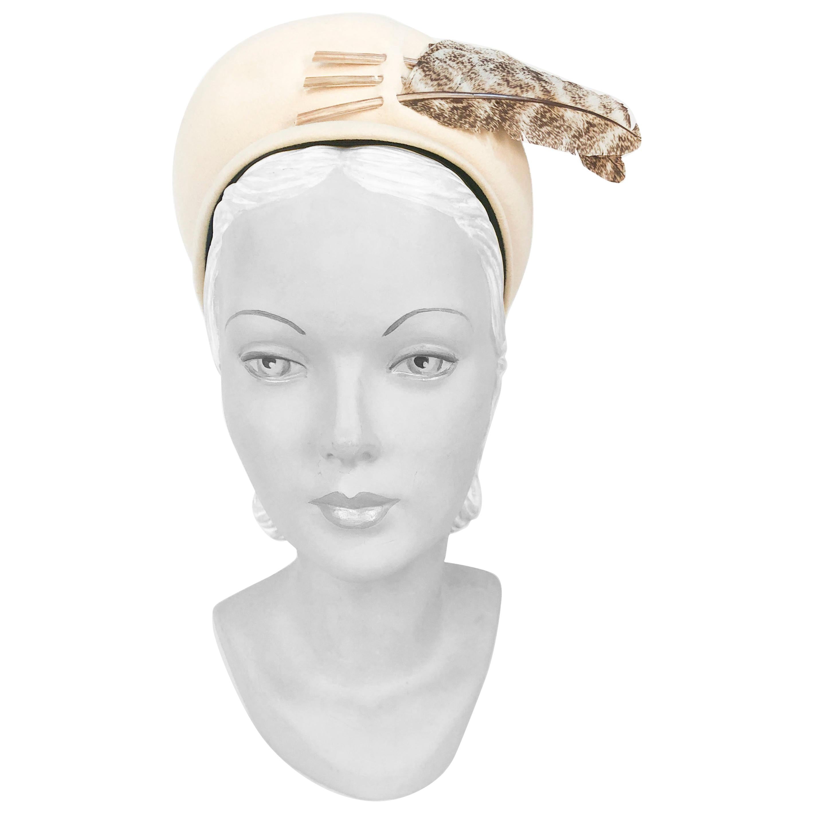 1940s Cream Sculpted Hat with Bird Feather Accents