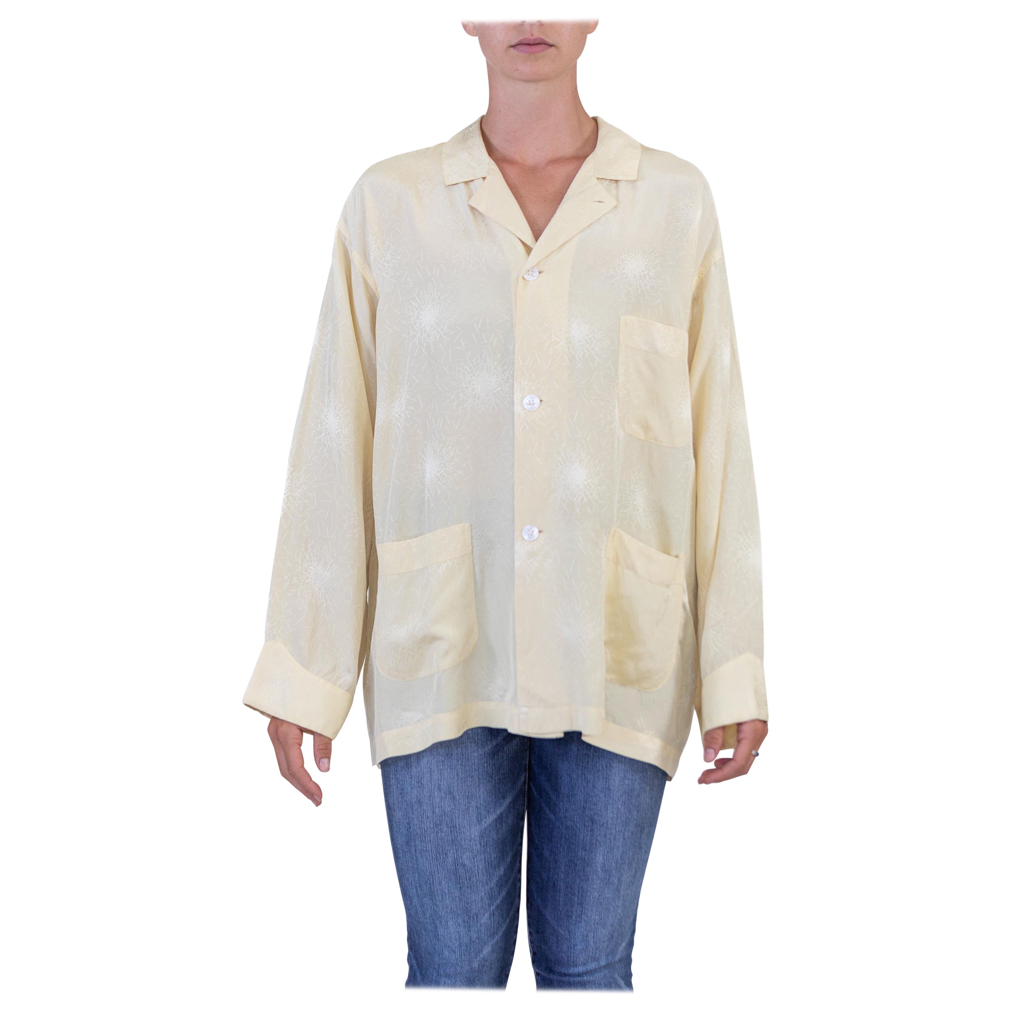 1940S Cream Silk Fireworks Jacquard Mens Pajama Top