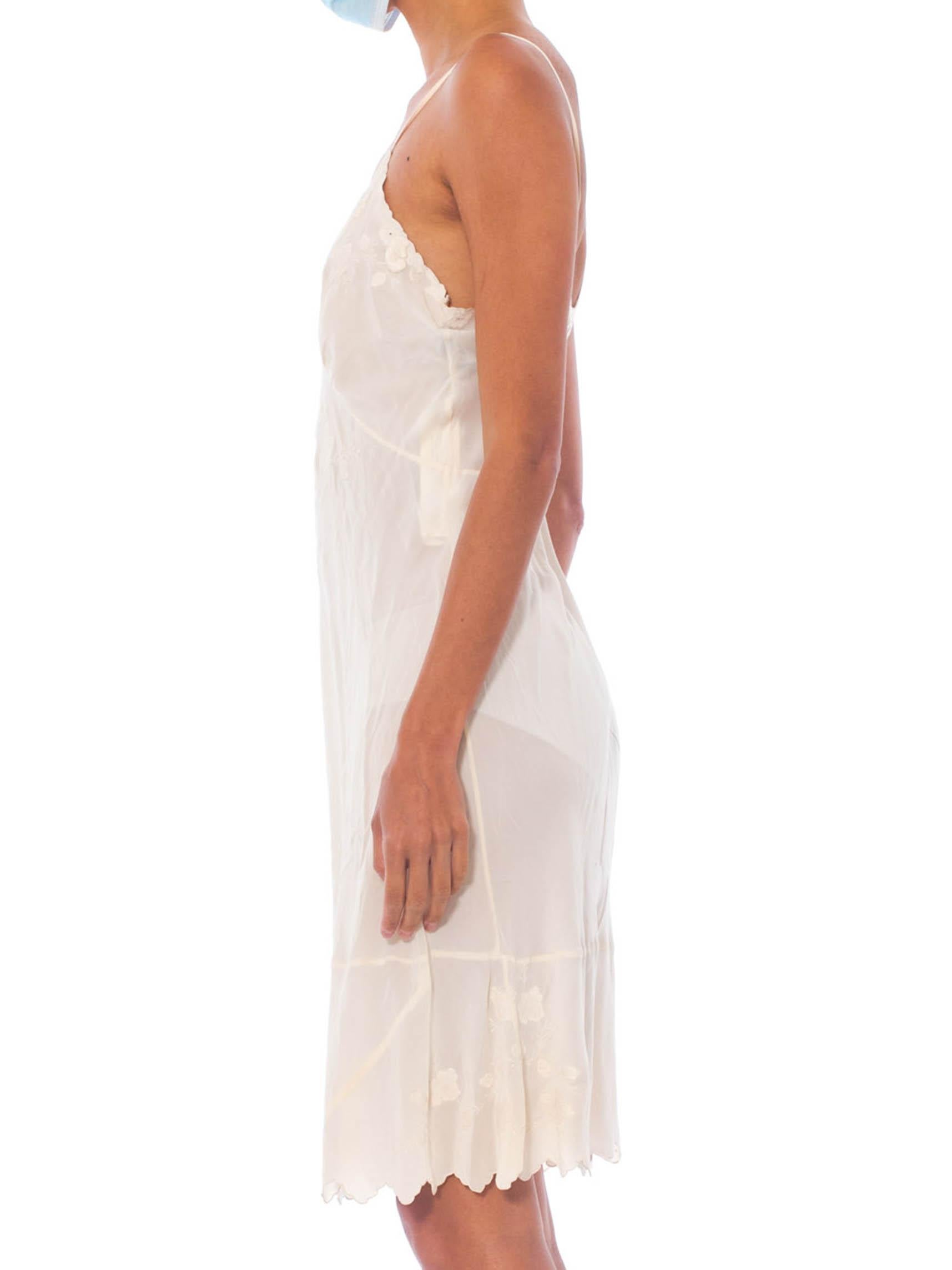 Beige 1940S Creme Bias Cut Silk Crepe De Chine Slip Dress With Satin Appliqués For Sale