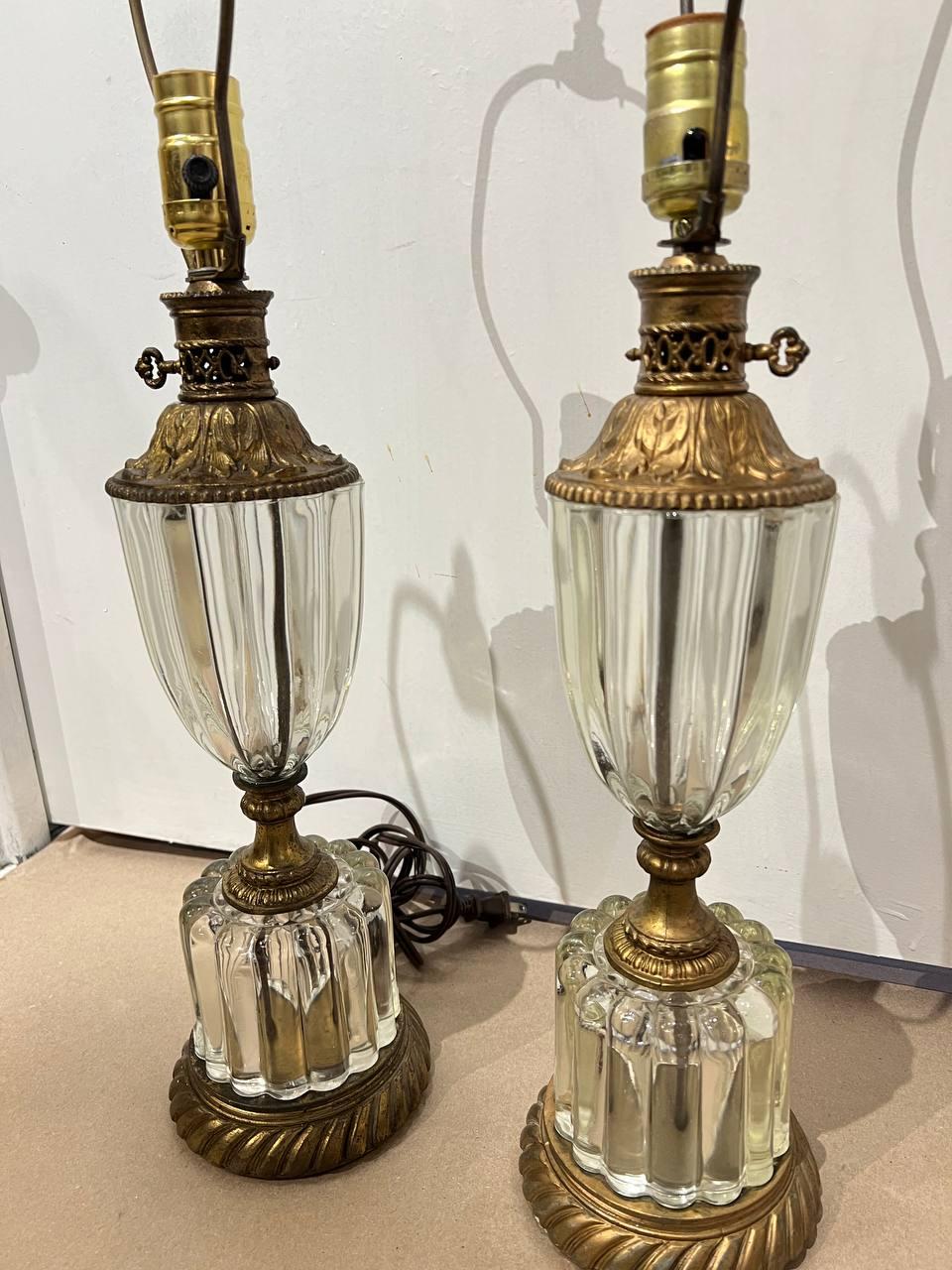 European Pair of 1940’s Crystal Table Lamps with Bronze Fittings For Sale