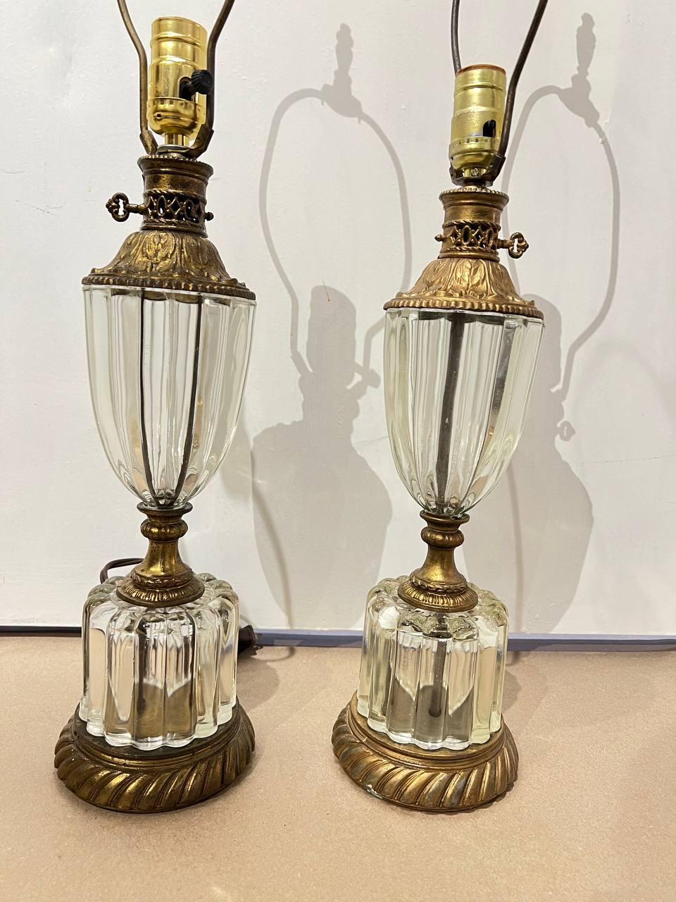 Mid-20th Century Pair of 1940’s Crystal Table Lamps with Bronze Fittings For Sale