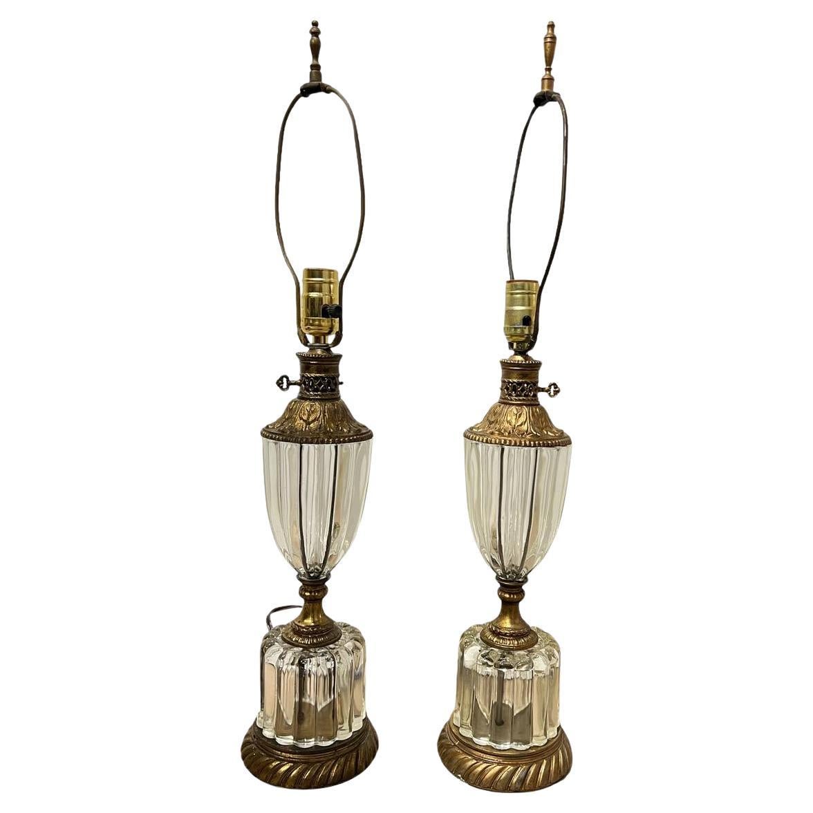 Pair of 1940’s Crystal Table Lamps with Bronze Fittings