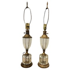 Vintage Pair of 1940’s Crystal Table Lamps with Bronze Fittings
