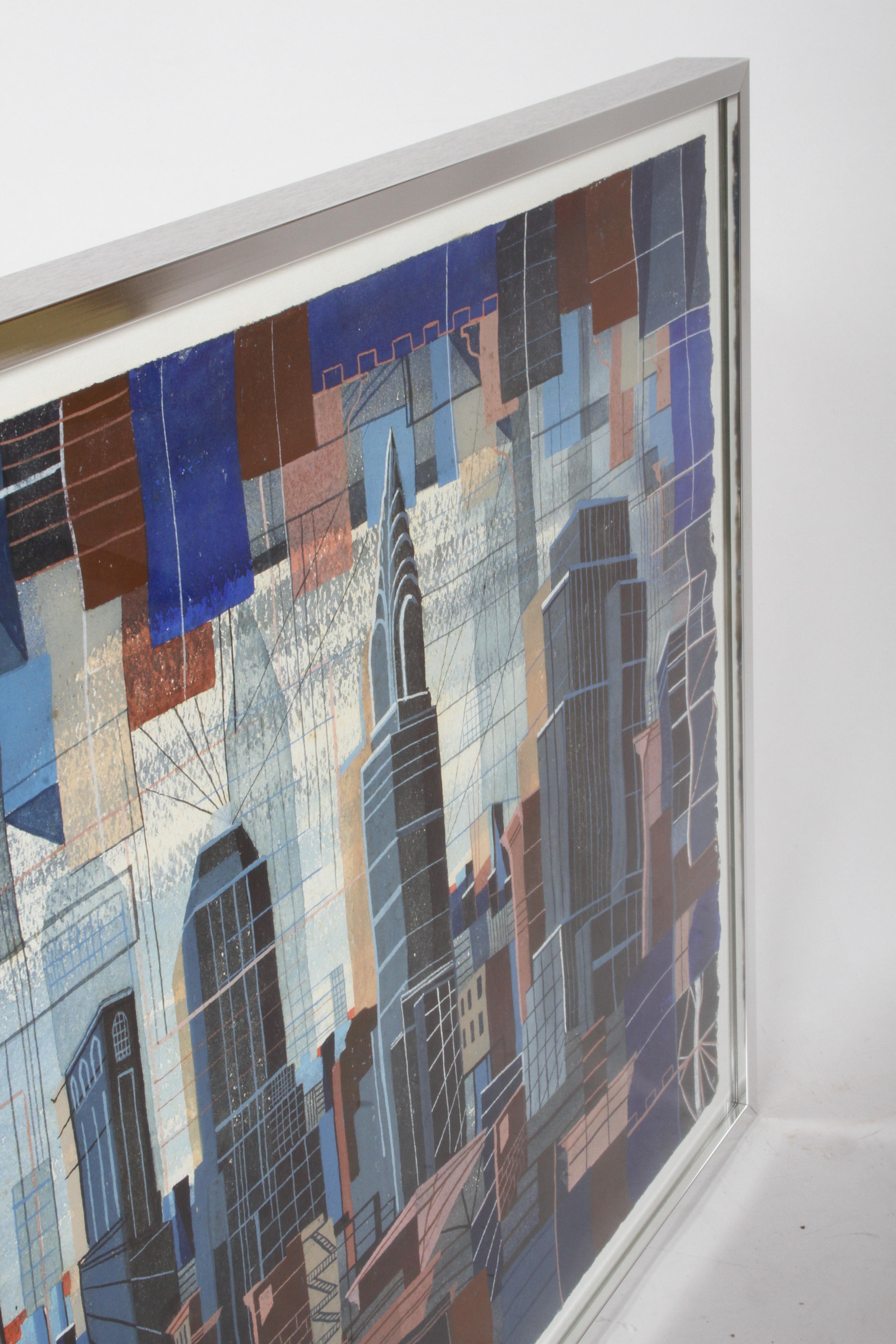 Paper 1940's Cubist Art Painting of New York City Skyline by Artist Theodore Hancock For Sale
