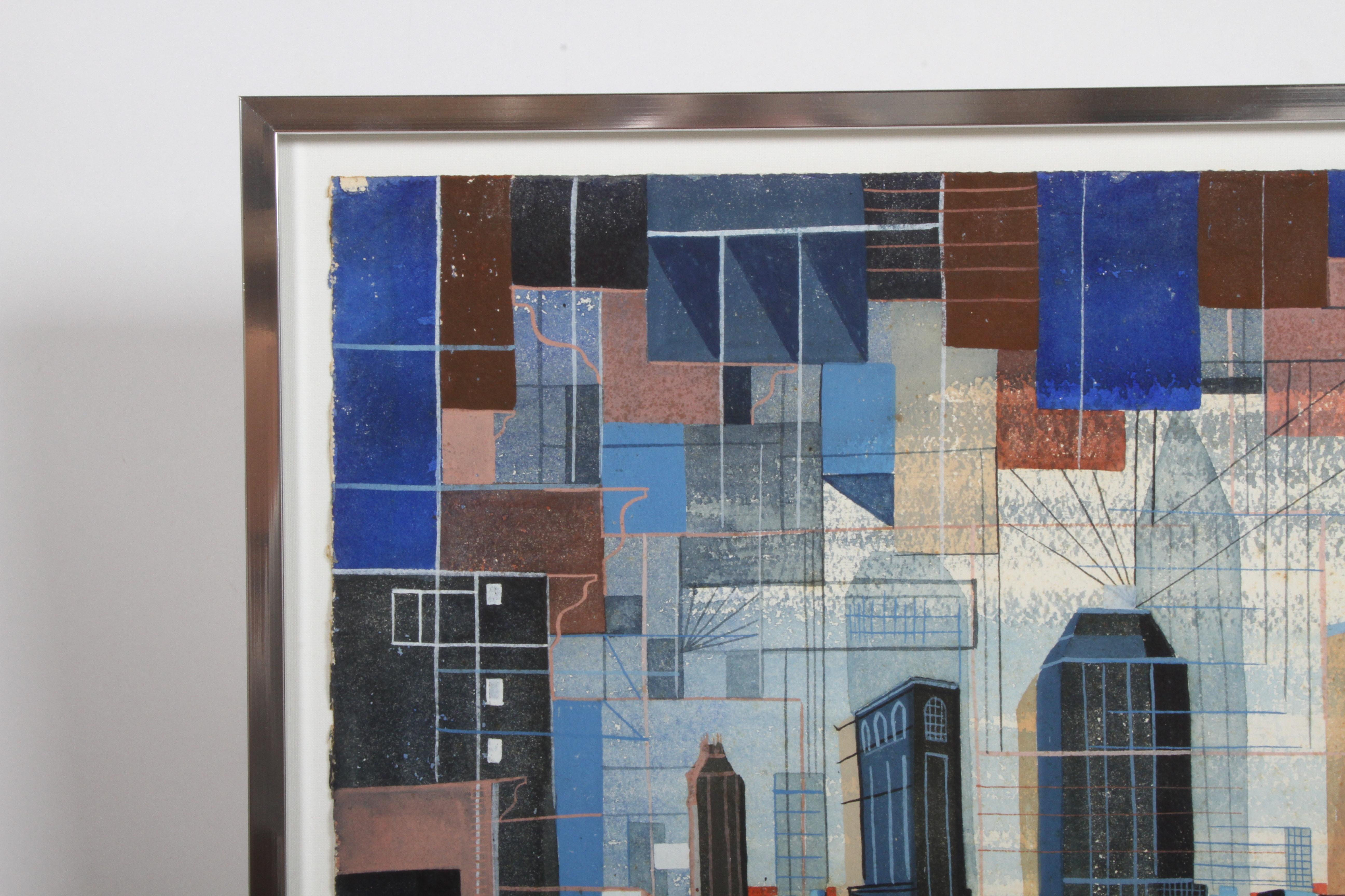 Rare Mid-Century Modern signed 1949 cubist gouache painting of skyscrapers, rooftops and skyline of the City of New York including The Chrysler building by painter Theodore 