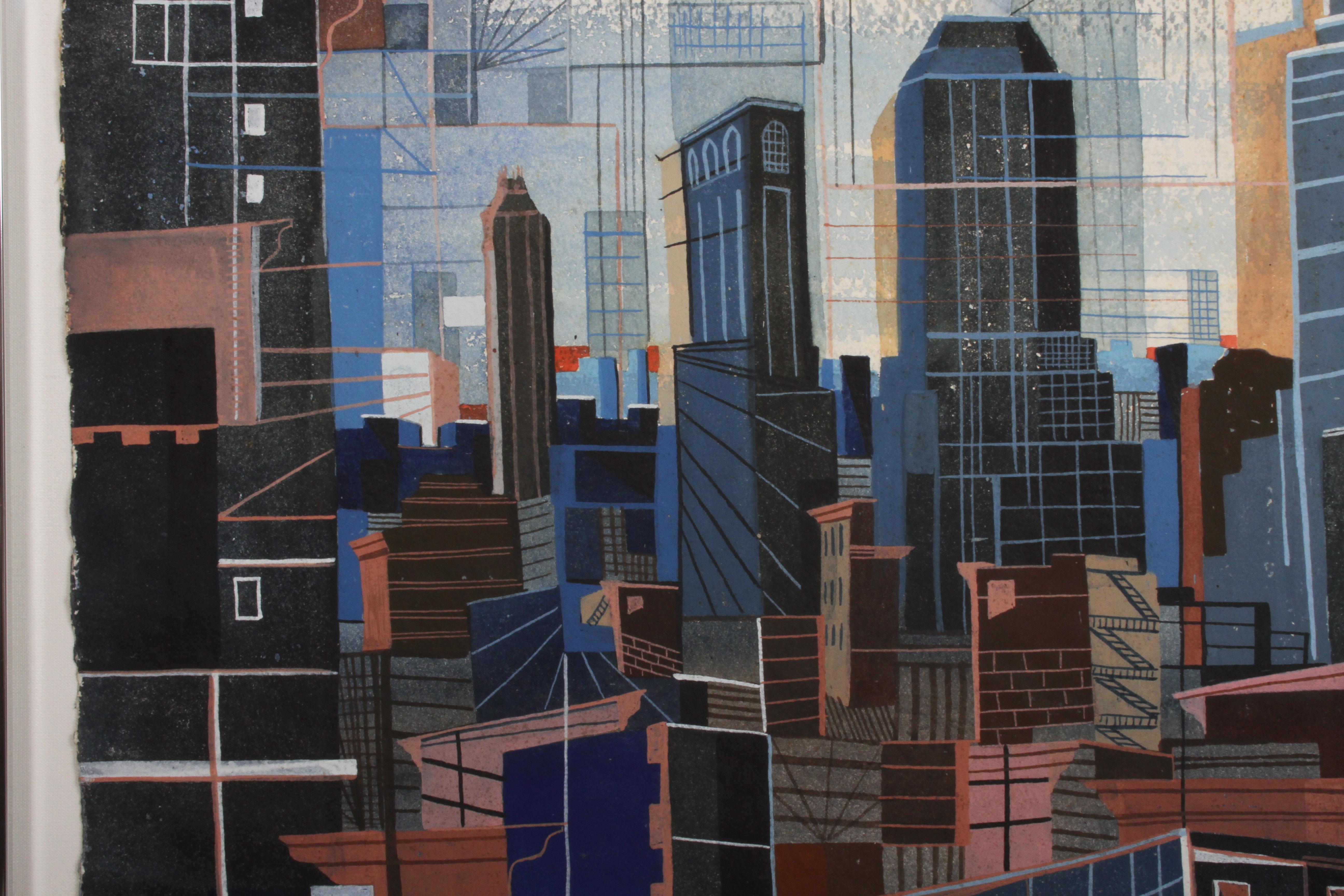 Mid-Century Modern 1940's Cubist Art Painting of New York City Skyline by Artist Theodore Hancock For Sale