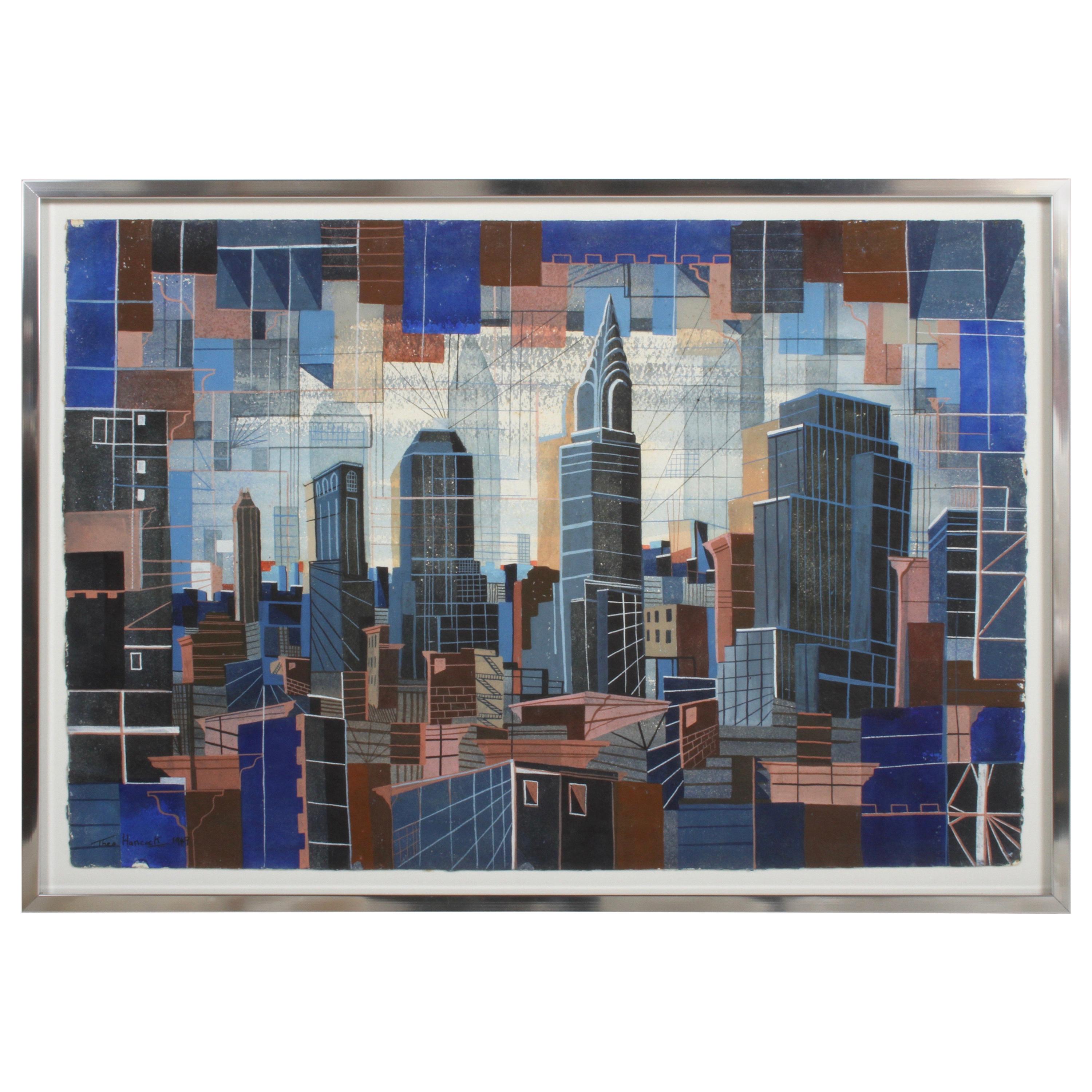 Peinture d'art cubiste des années 1940 représentant la ligne d'horizon de la ville de New York par l'artiste Theodore Hancock