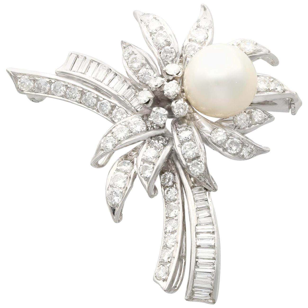 1940s Cultured Pearl 3.92 Carat Diamond and White Gold Brooch