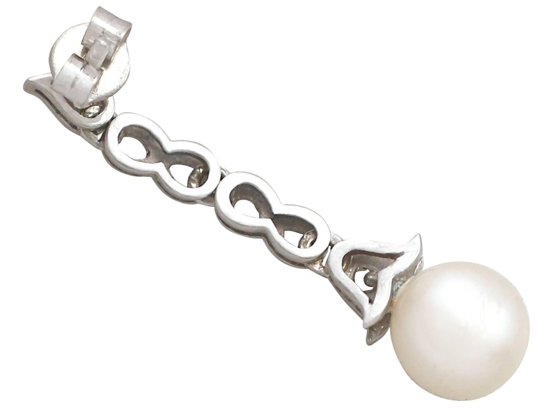 1940s Cultured Pearl Diamond, 14 Carat White Gold Drop Earrings 2