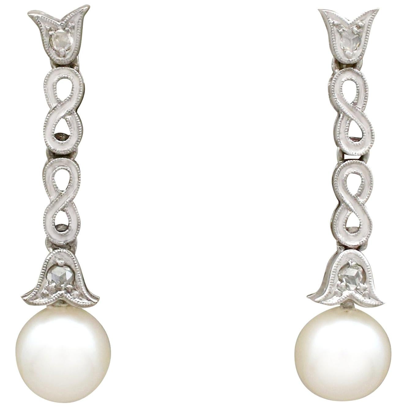 1940s Cultured Pearl Diamond, 14 Carat White Gold Drop Earrings