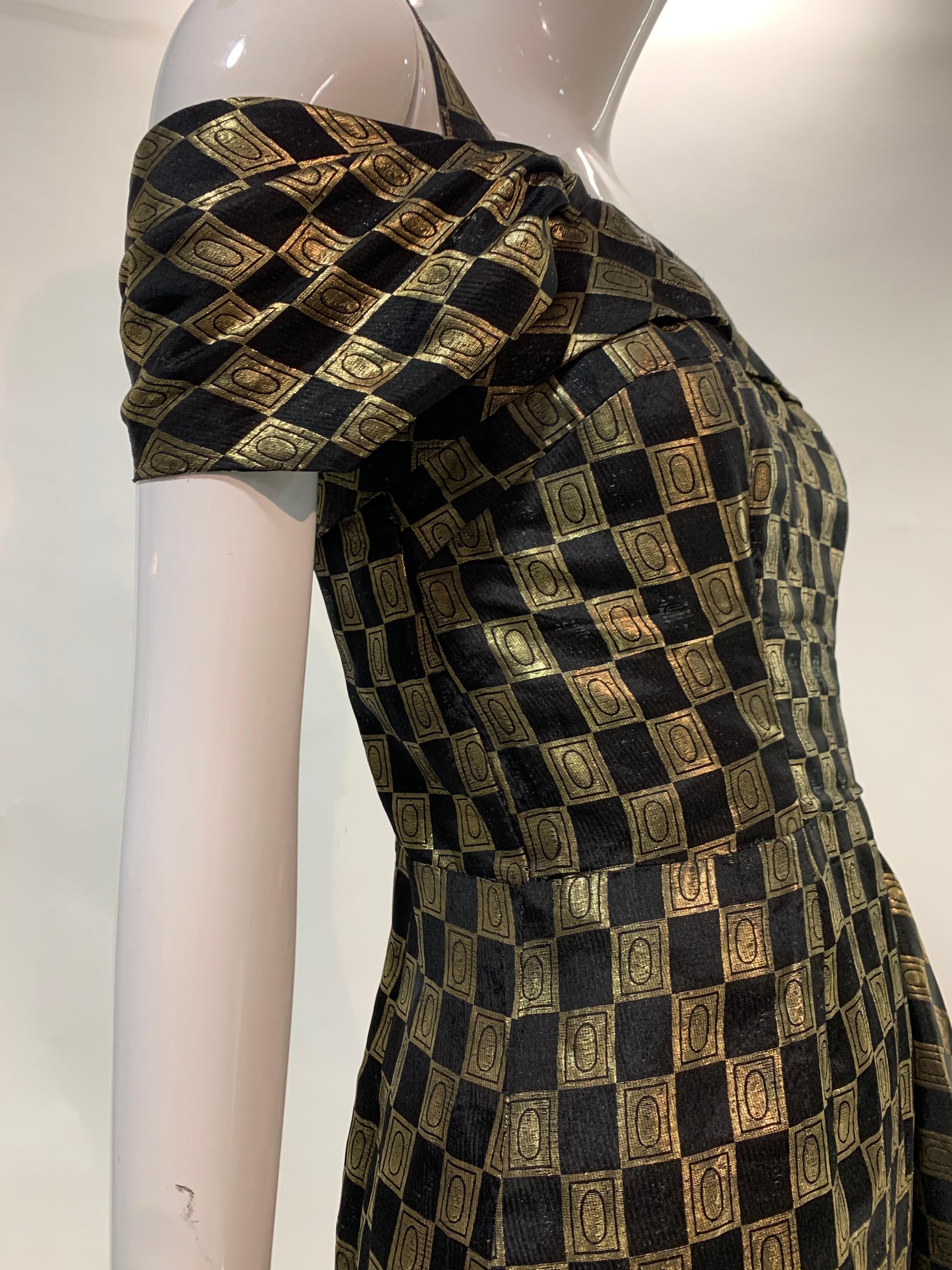 1940s Curtis Black and Gold Lame Checked Brocade Evening Dress w/ Side Drape 6