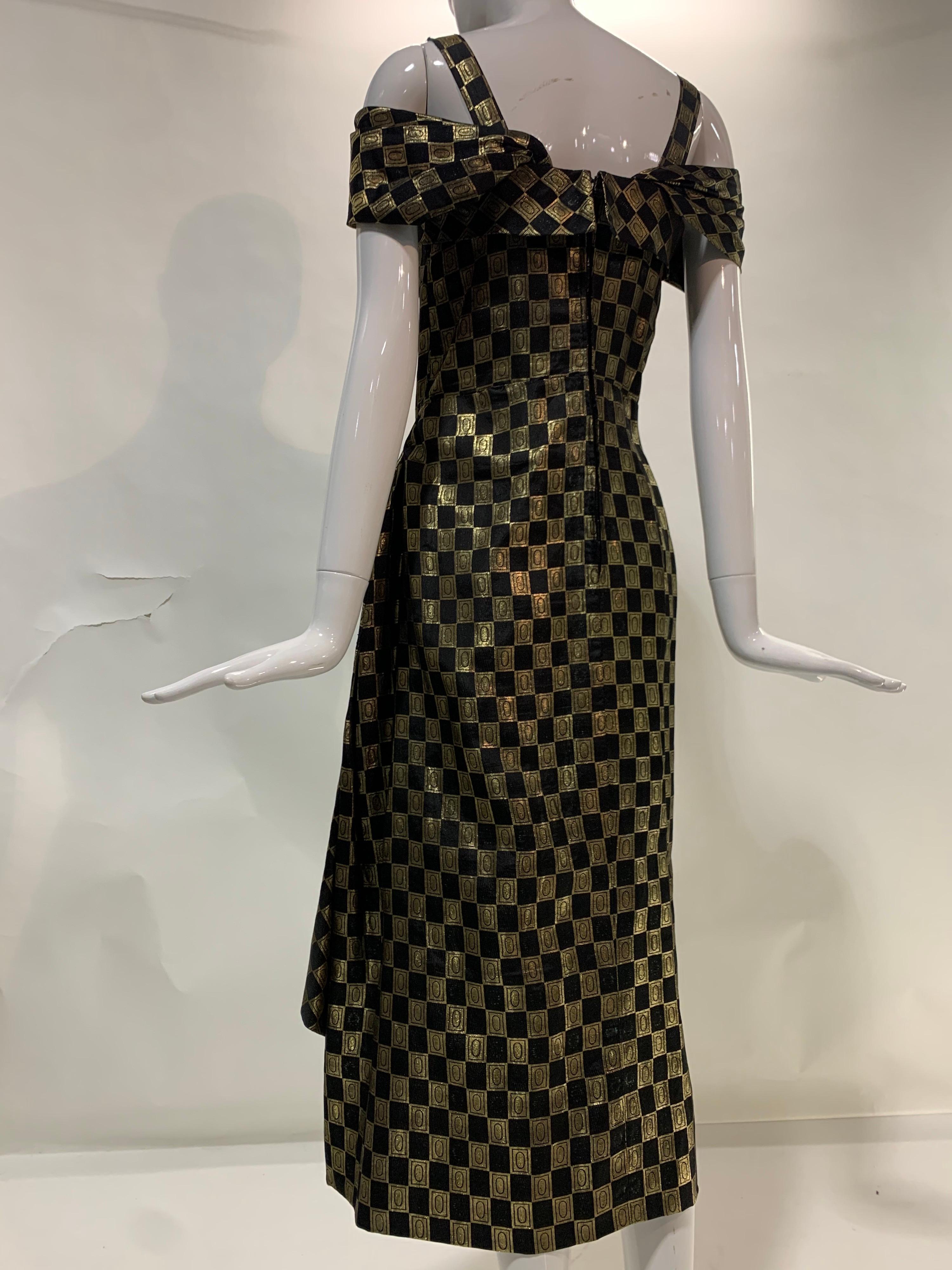 1940s Curtis Black and Gold Lame Checked Brocade Evening Dress w/ Side Drape 7