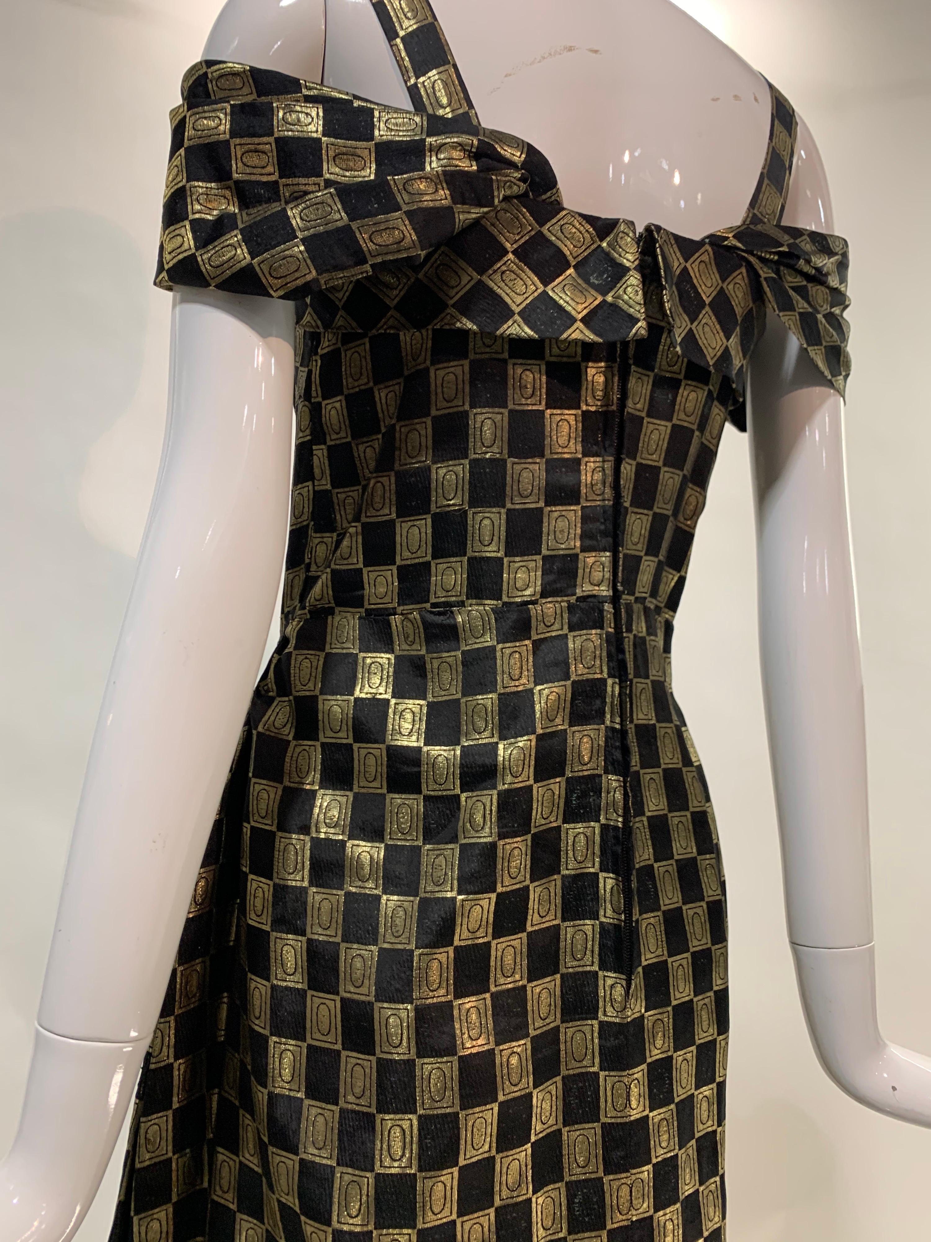 1940s Curtis Black and Gold Lame Checked Brocade Evening Dress w/ Side Drape 8