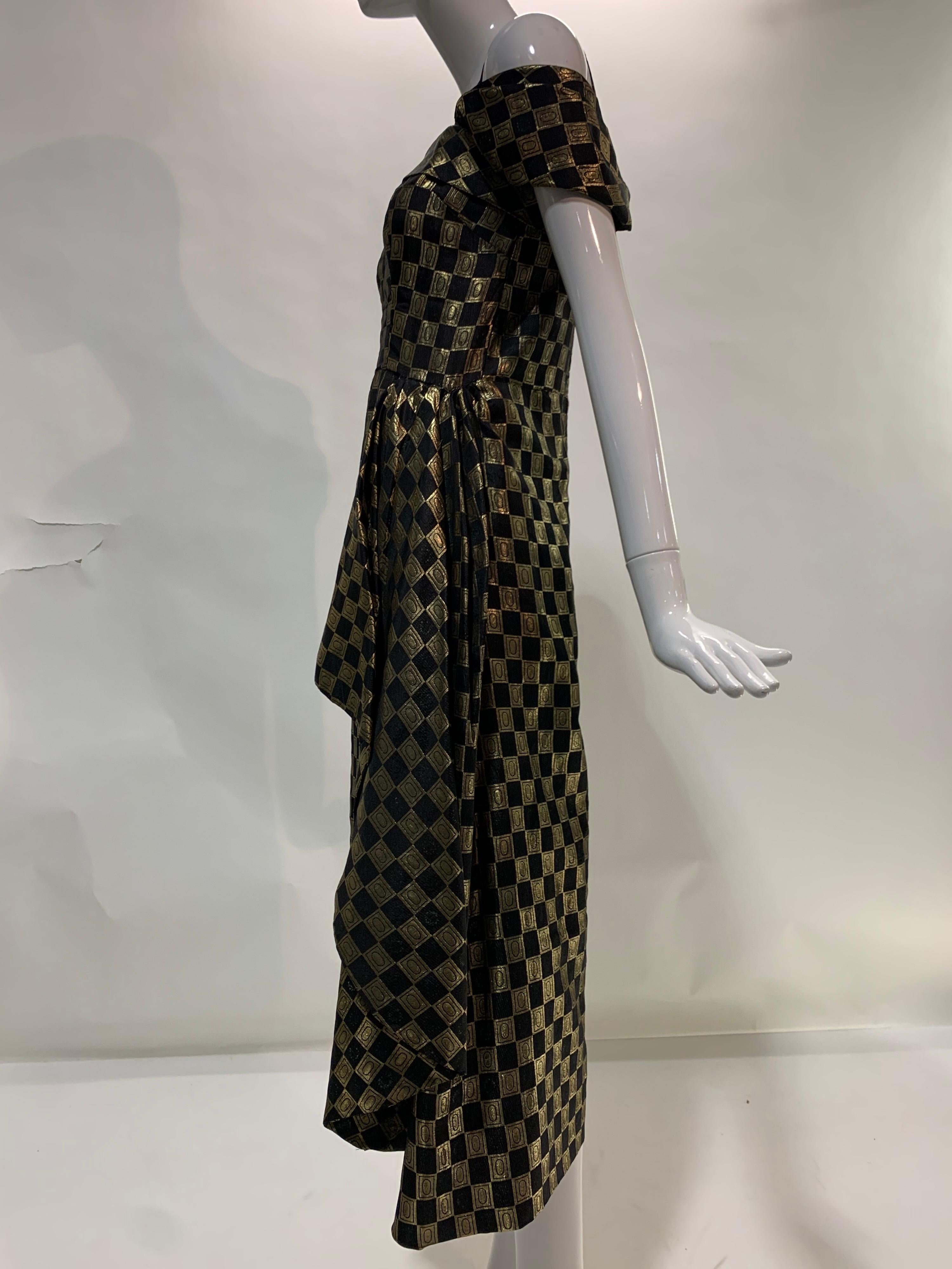 1940s Curtis Black and Gold Lame Checked Brocade Evening Dress w/ Side Drape 9