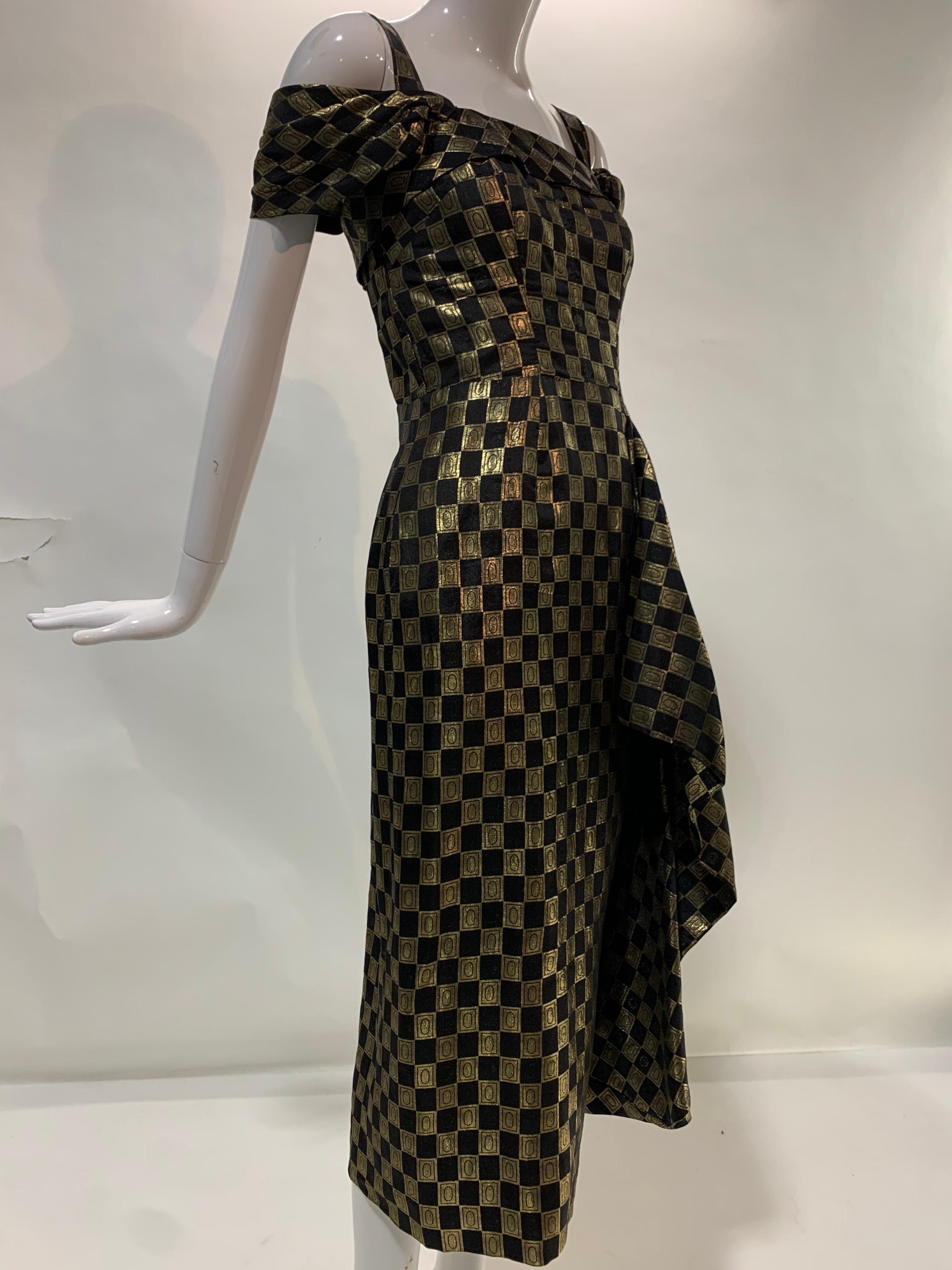 1940s Curtis Black and Gold Lame Checked Brocade Evening Dress w/ Side Drape 13