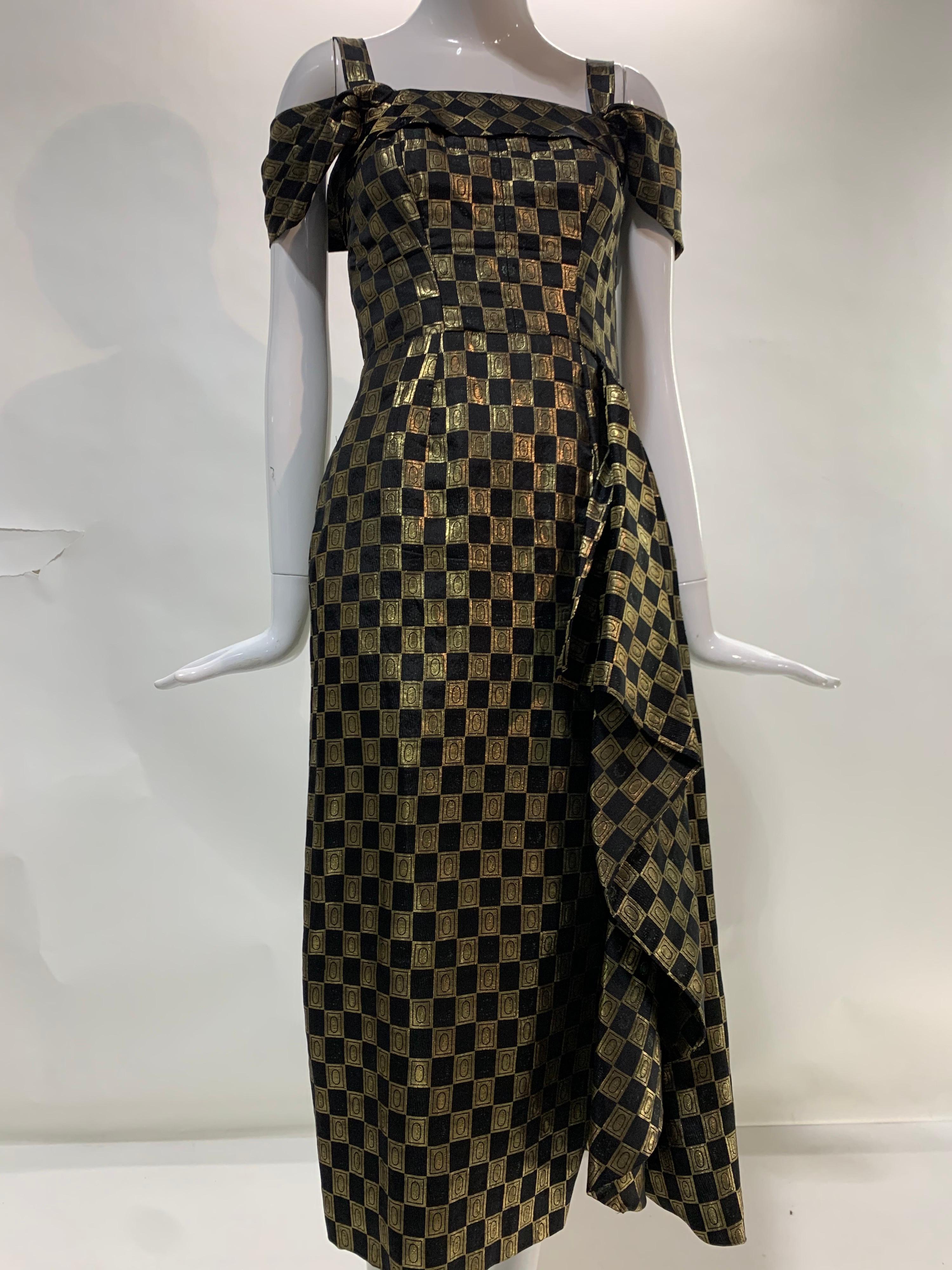 A fabulous late 1940s Curtis - Modas Rio demi-couture black and gold lame checked brocade evening dress with off-the-shoulder drape and extravagantly draped side. Structured bodice. Back zipper. Size 6-8.