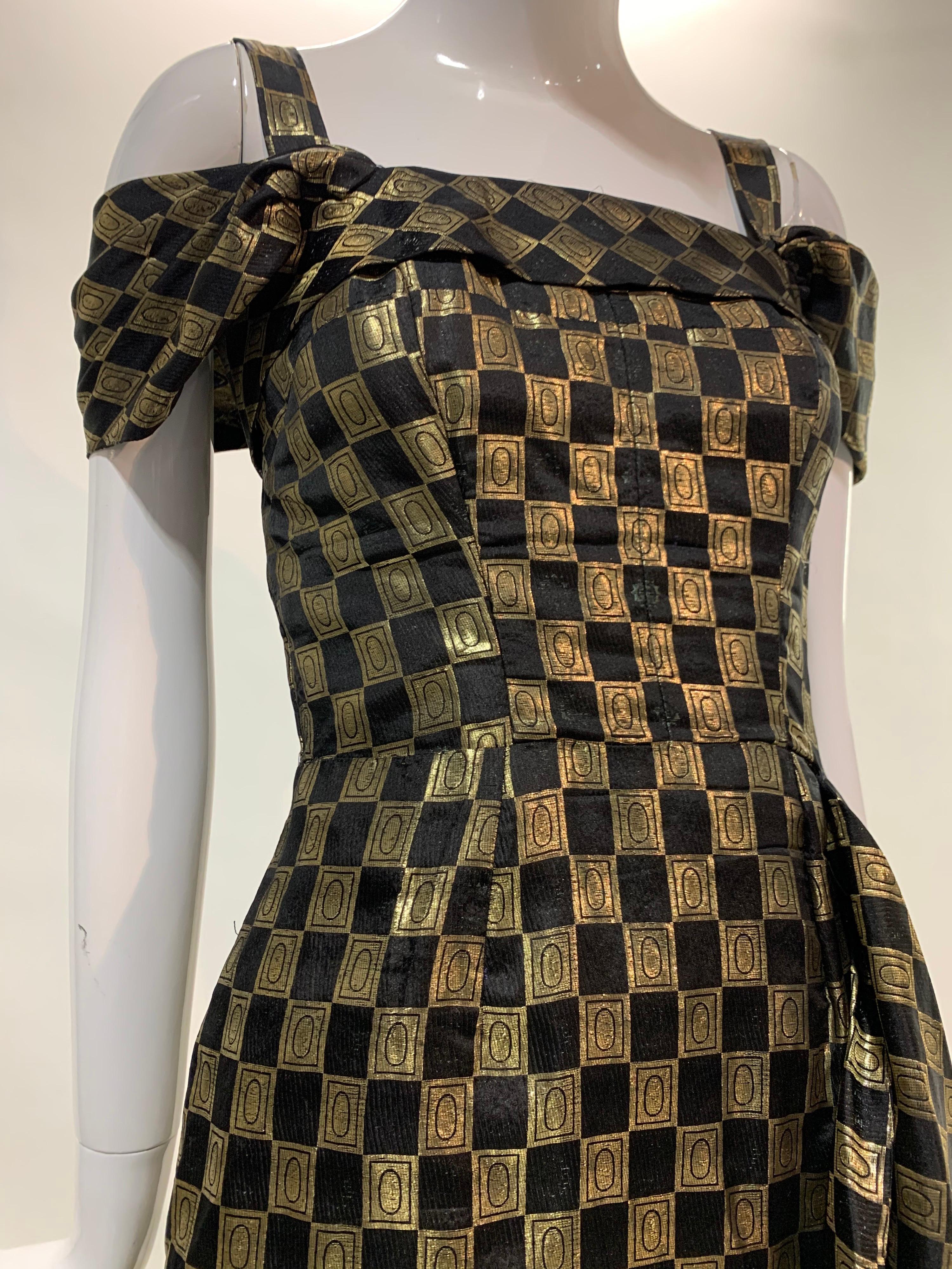 1940s Curtis Black and Gold Lame Checked Brocade Evening Dress w/ Side Drape In Good Condition In Gresham, OR