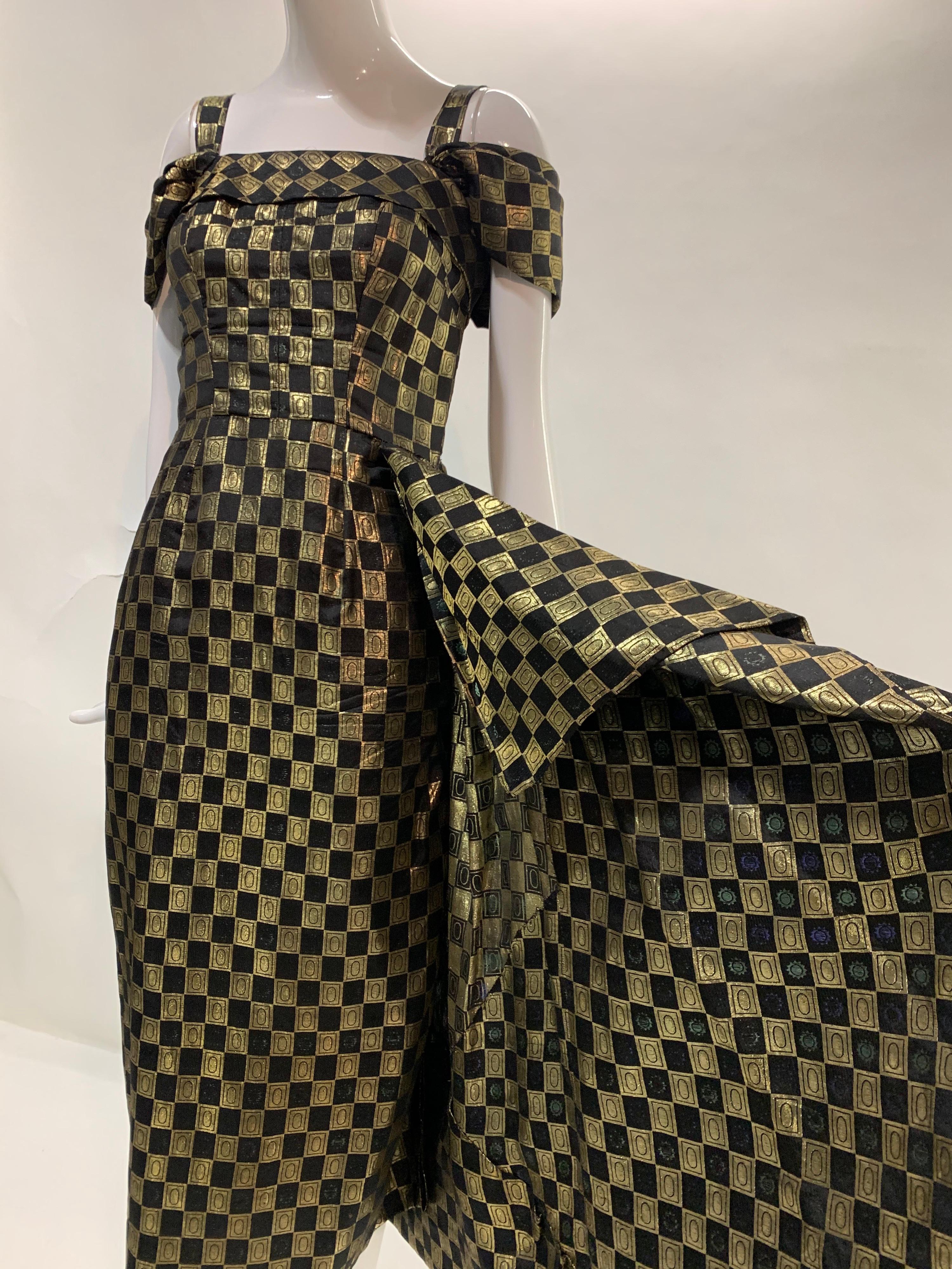 Women's 1940s Curtis Black and Gold Lame Checked Brocade Evening Dress w/ Side Drape