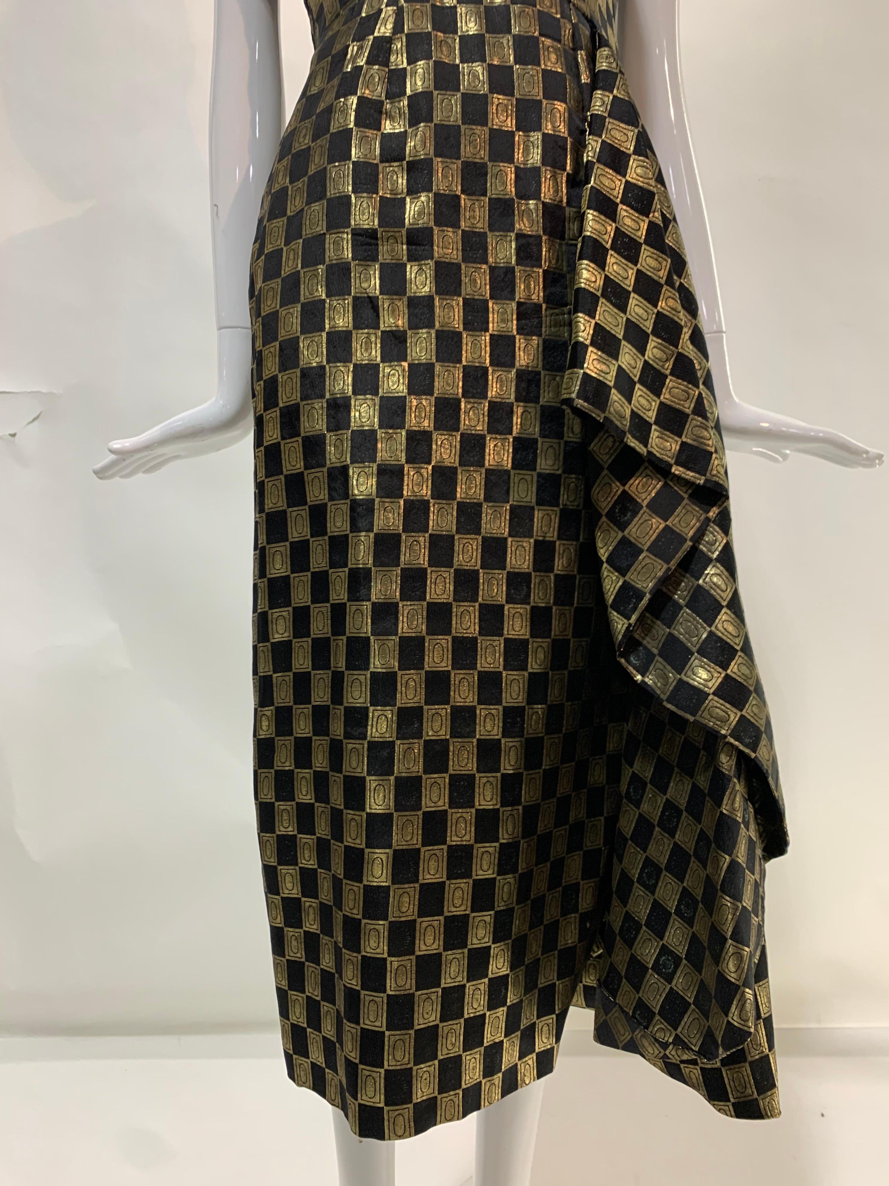 1940s Curtis Black and Gold Lame Checked Brocade Evening Dress w/ Side Drape 1