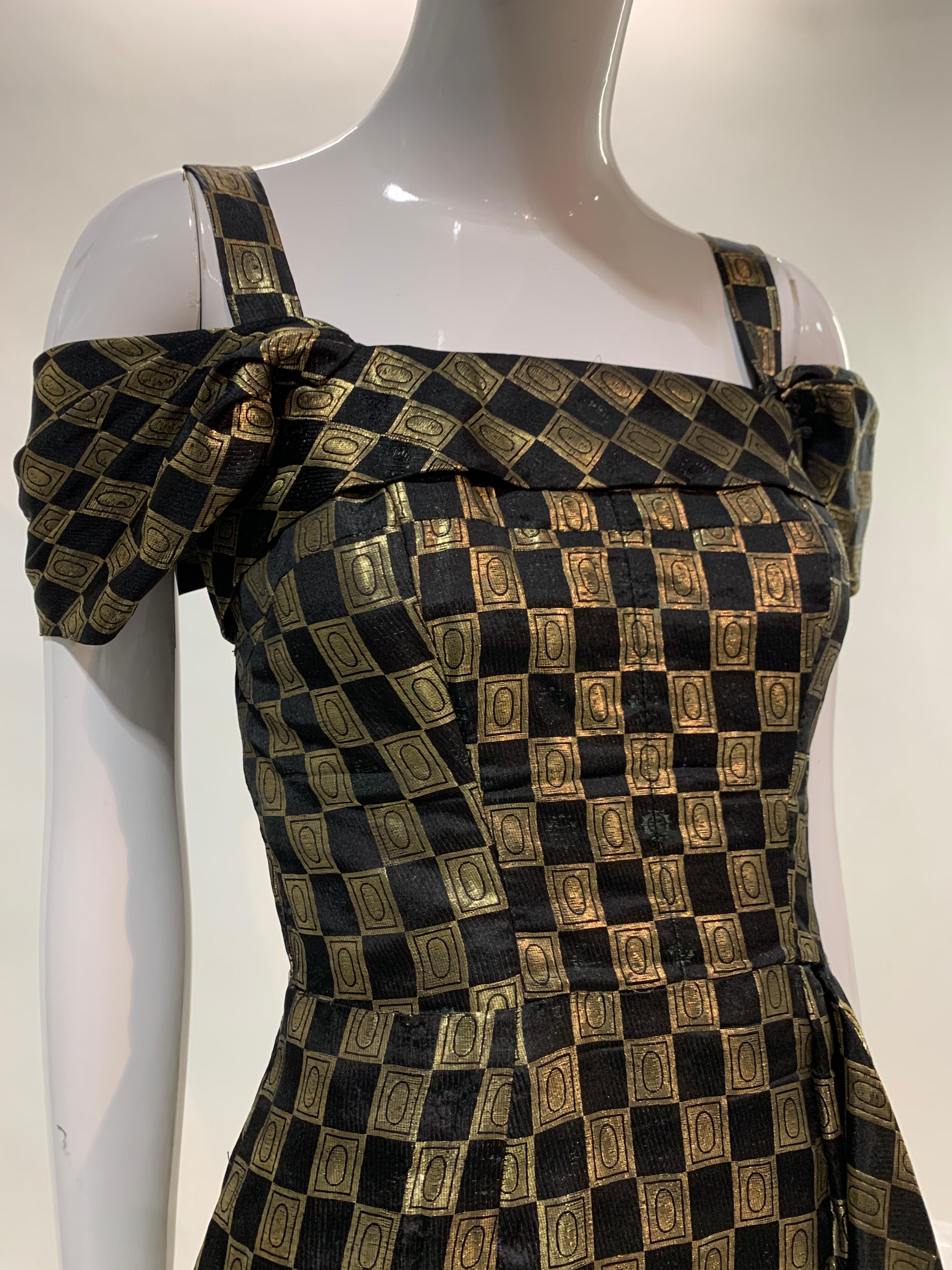 1940s Curtis Black and Gold Lame Checked Brocade Evening Dress w/ Side Drape 2