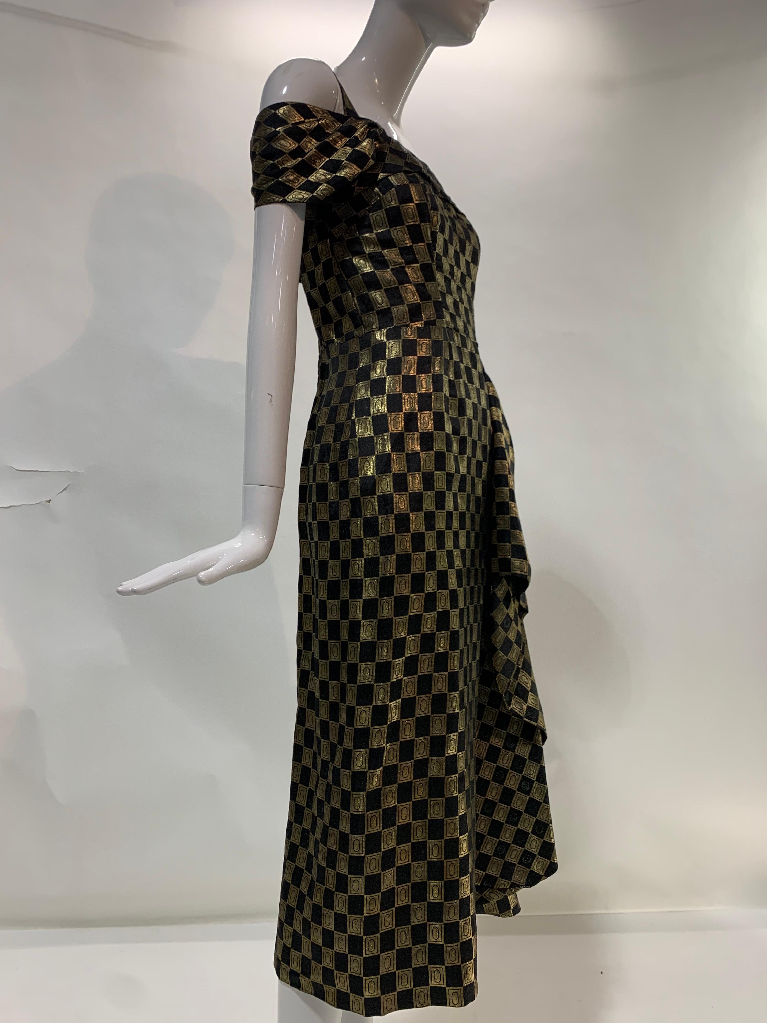 1940s Curtis Black and Gold Lame Checked Brocade Evening Dress w/ Side Drape 5