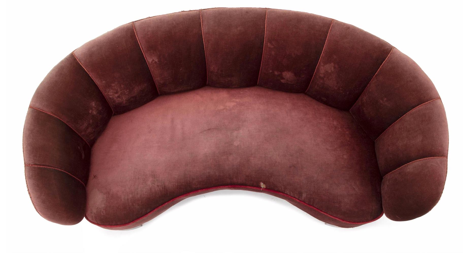 Mid-Century Modern 1940s Curved Danish Cabinetmaker Banana Sofa, For Reupholstery