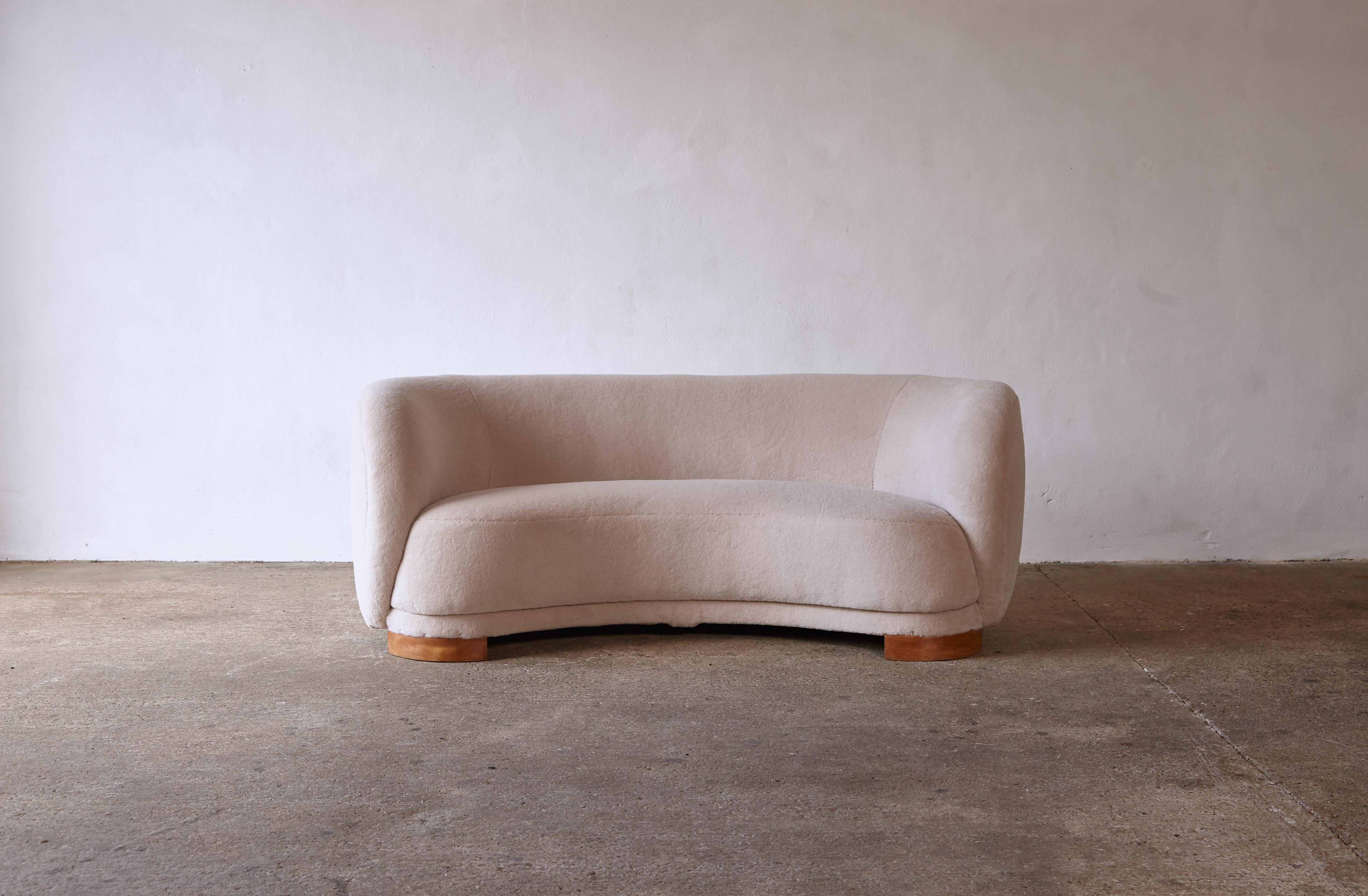 Mid-Century Modern 1940s Curved Danish Cabinetmaker Banana Sofa, Newly Upholstered in Alpaca