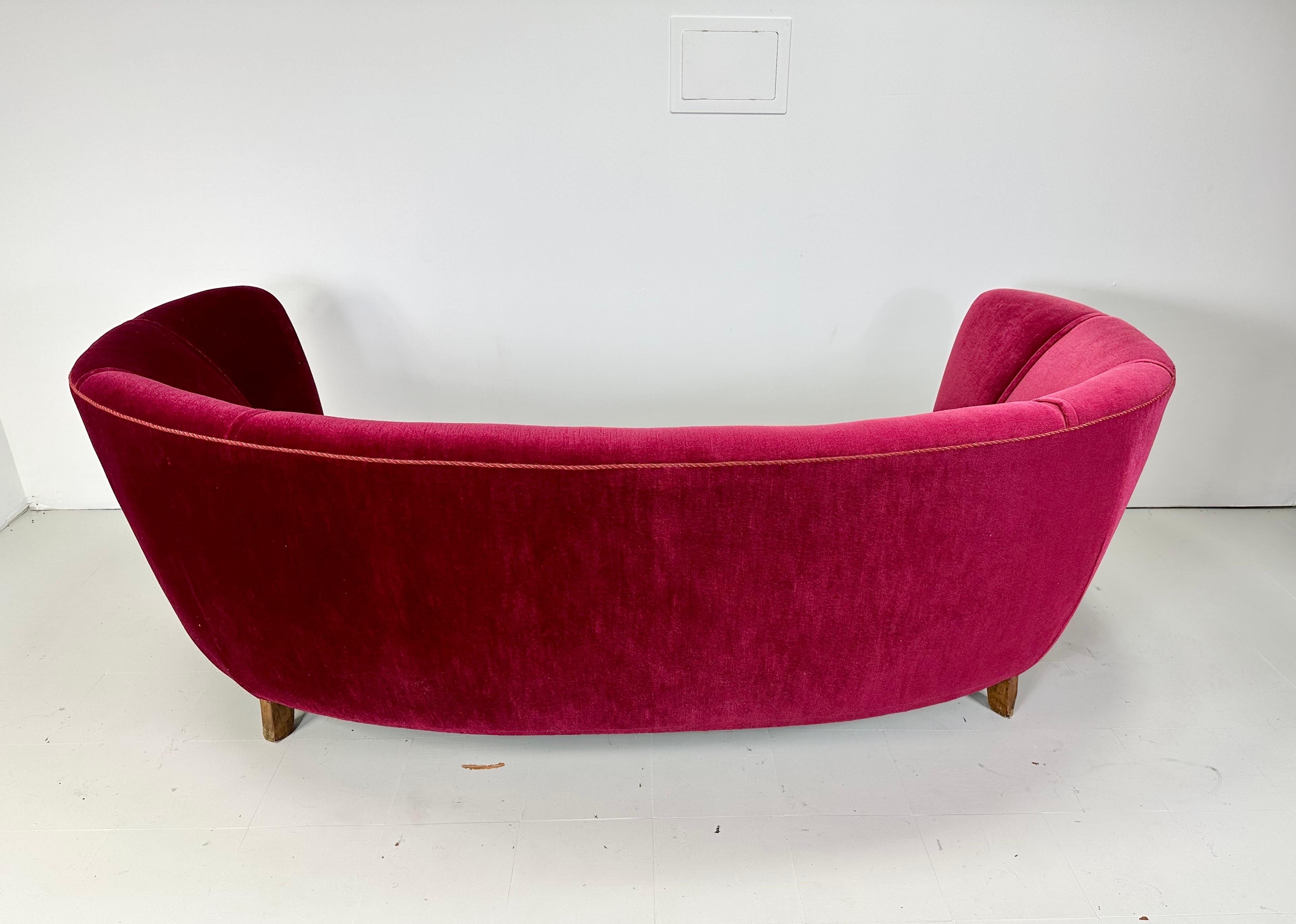 Velvet 1940’s Curved Danish Sofa For Sale