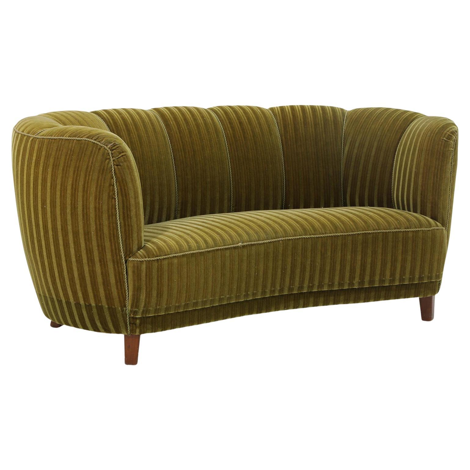 1940s Curved Danish Sofa in Olive Velour For Sale