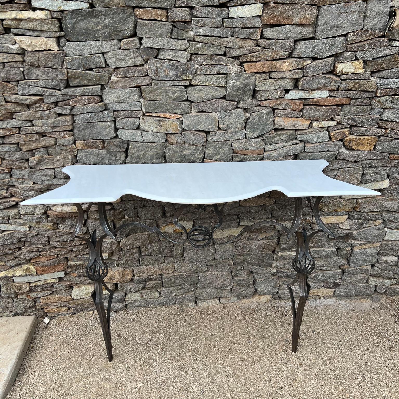 Art Deco 1940s Italian Console Table Wrought Iron Marble Style Gilbert Poillerat For Sale