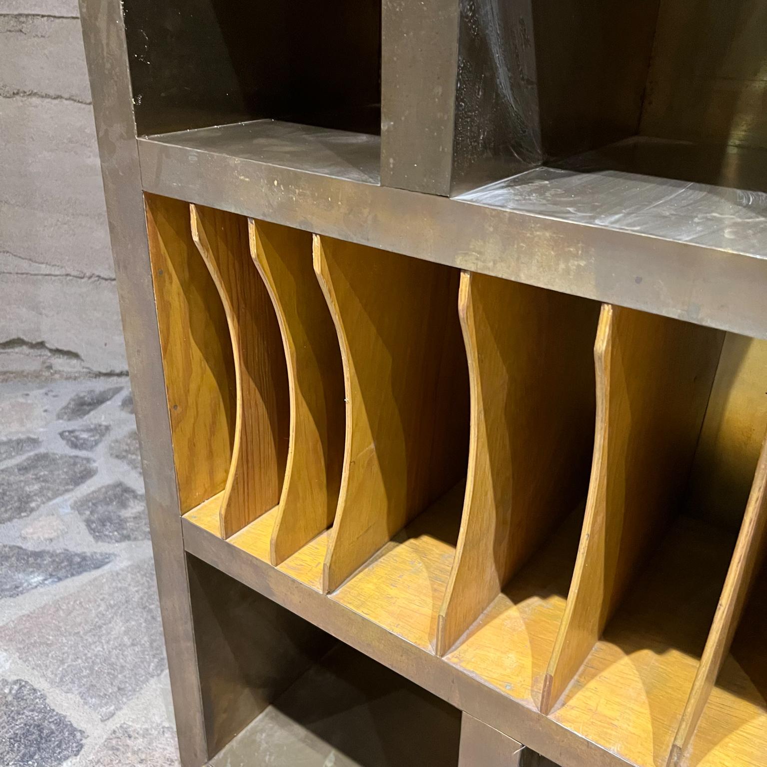 1980s Custom Bookcase Sectioned Storage Rustic Wood Brass For Sale 5