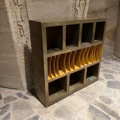 1980s Custom Bookcase Sectioned Storage Rustic Wood Brass