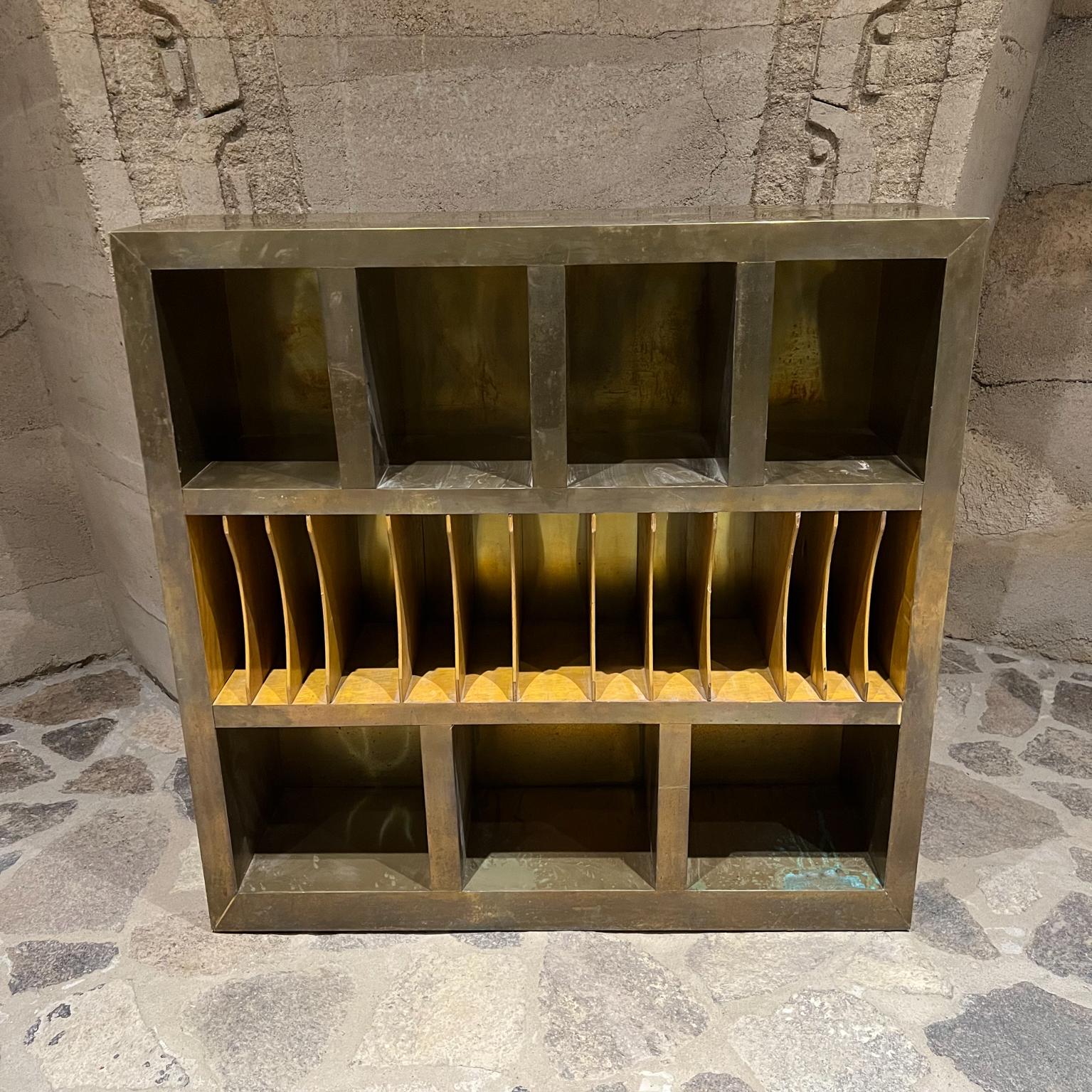 Modern 1980s Custom Bookcase Sectioned Storage Rustic Wood Brass For Sale