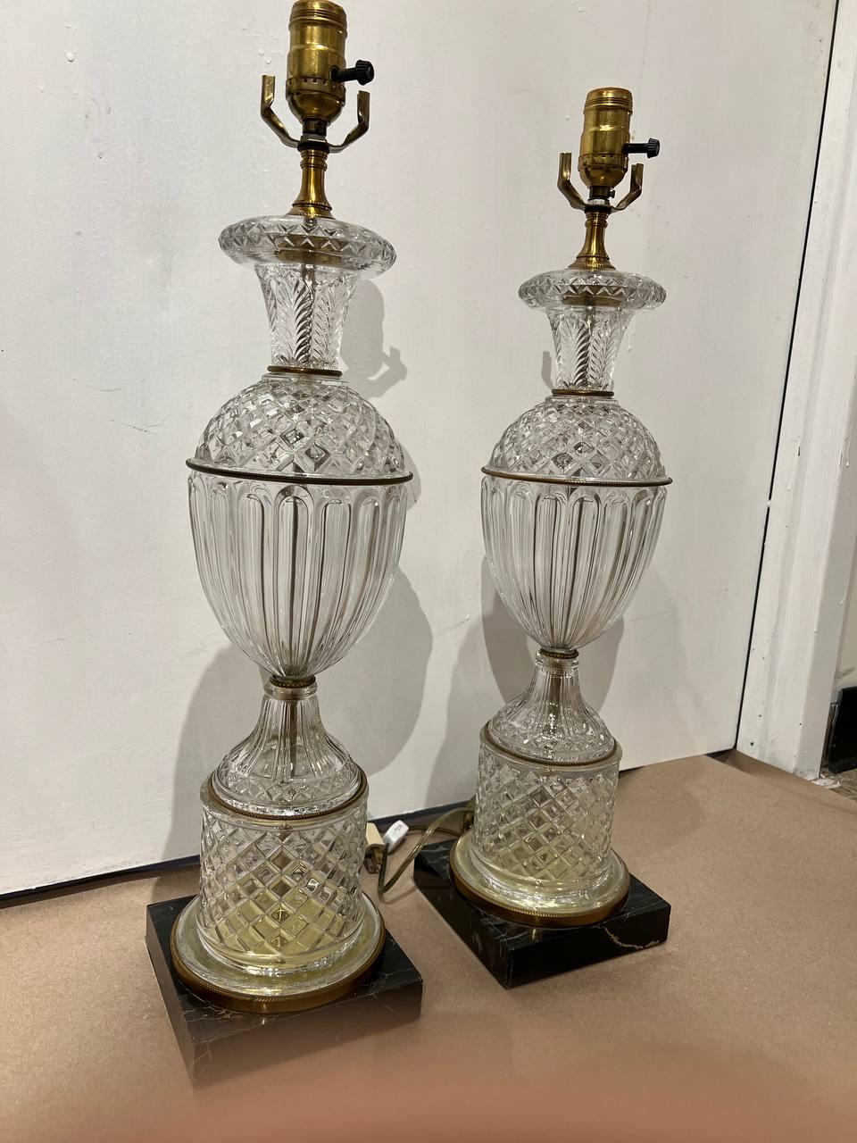 Pair of 1940’s Cut Crystal Table Lamps with Marble Base In Good Condition For Sale In New York, NY