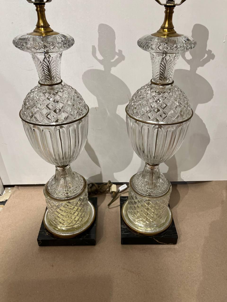 Mid-20th Century Pair of 1940’s Cut Crystal Table Lamps with Marble Base For Sale