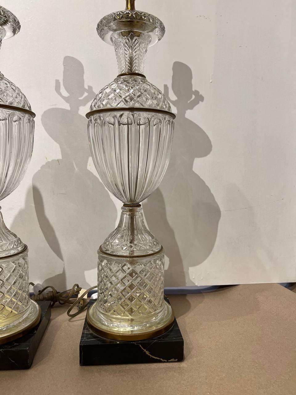 Pair of 1940’s Cut Crystal Table Lamps with Marble Base For Sale 1