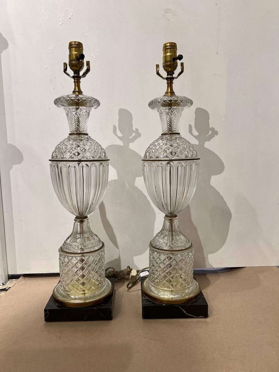 Pair of 1940’s Cut Crystal Table Lamps with Marble Base For Sale 2