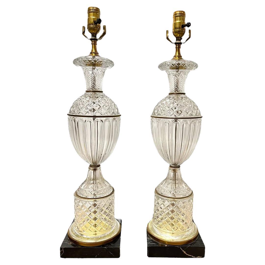 Pair of 1940’s Cut Crystal Table Lamps with Marble Base For Sale