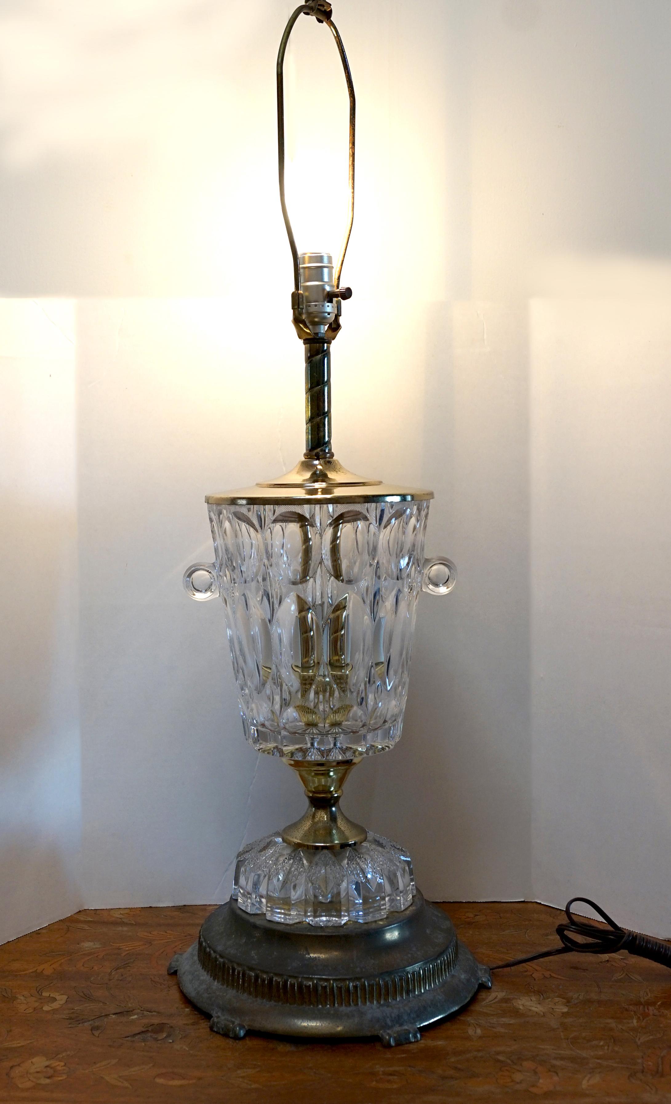 1940s Cut Crystal Thumbprint Brass Mounted Table Lamp For Sale 1